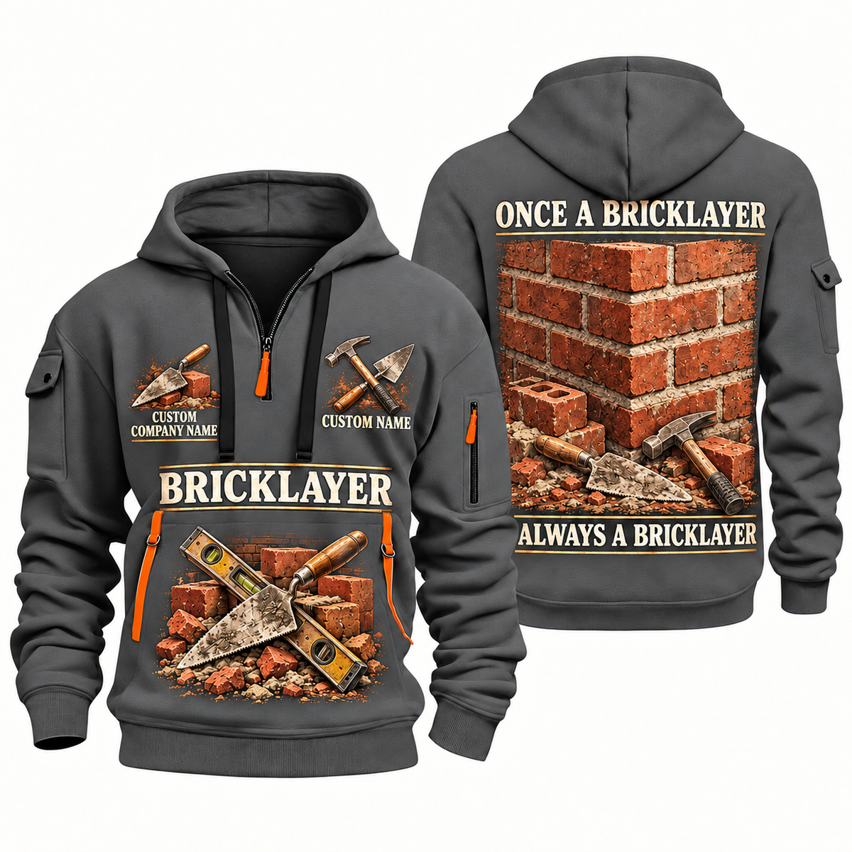 Bricklayer Lifelong Craft Quarter Zip Hoodie Gray front and back