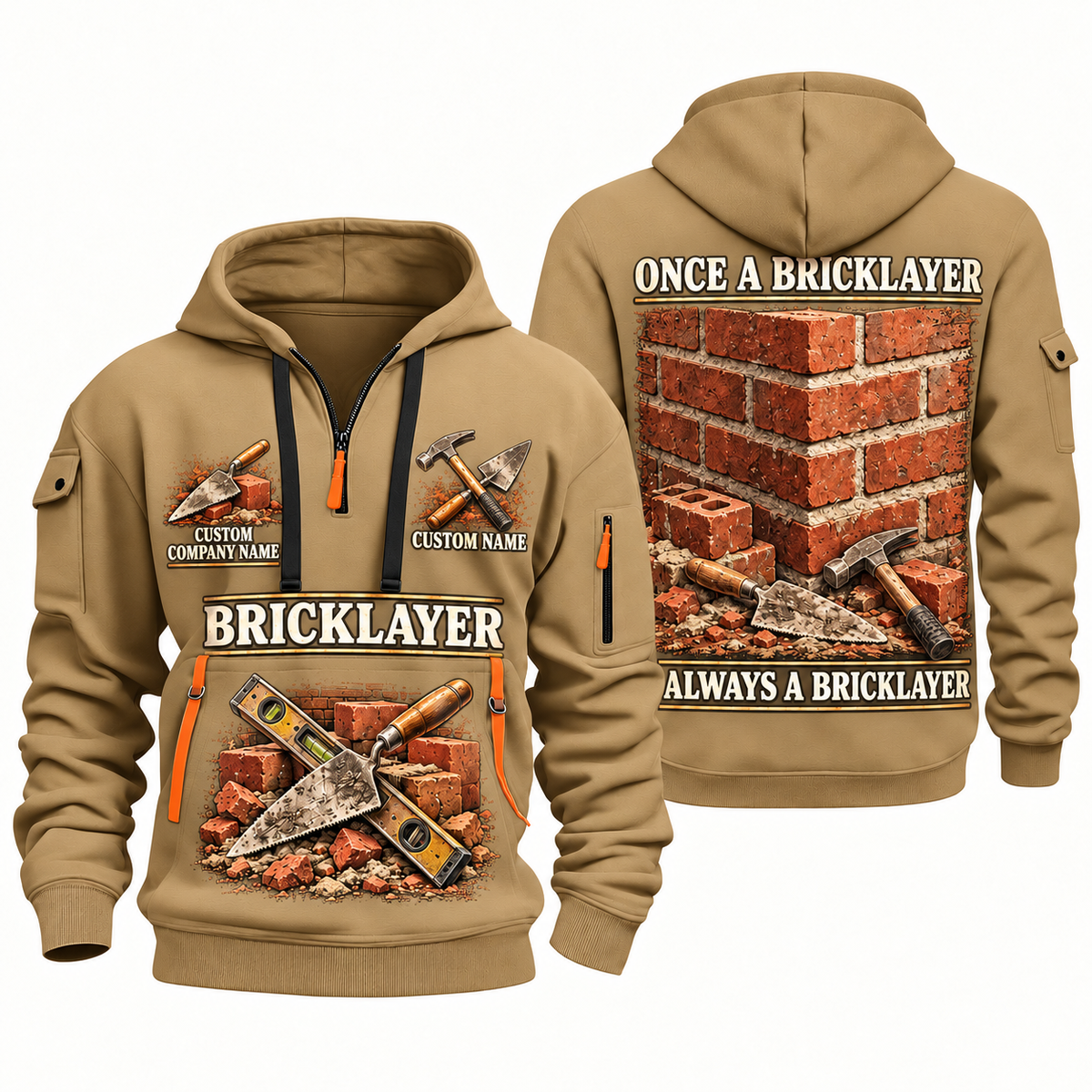 Bricklayer Lifelong Craft Quarter Zip Hoodie Khaki front and back