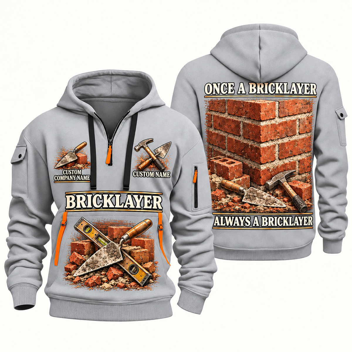 Bricklayer Lifelong Craft Quarter Zip Hoodie Light Grey front and back