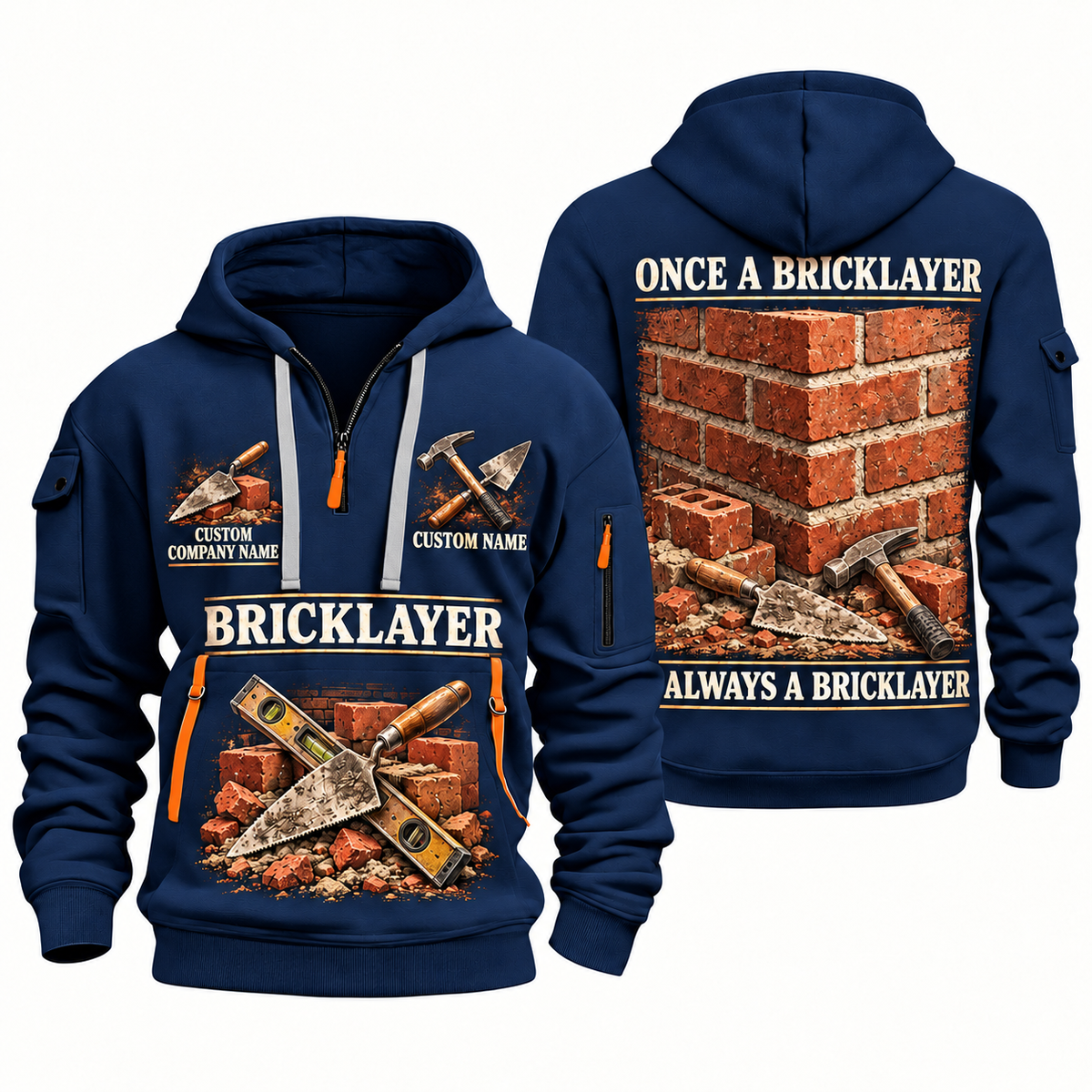 Bricklayer Lifelong Craft Quarter Zip Hoodie Navy front and back