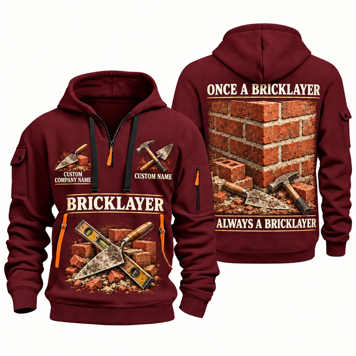 Bricklayer Lifelong Craft Quarter Zip Hoodie Wine Red front and back