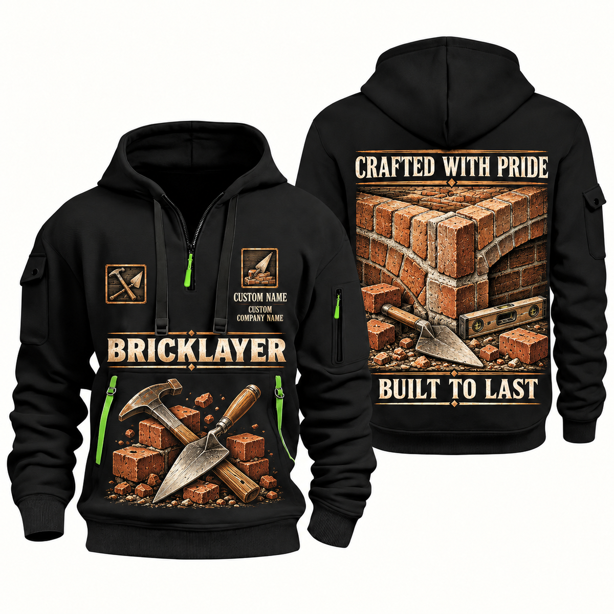 Bricklayer Built to Last Quarter Zip Hoodie Black front and back