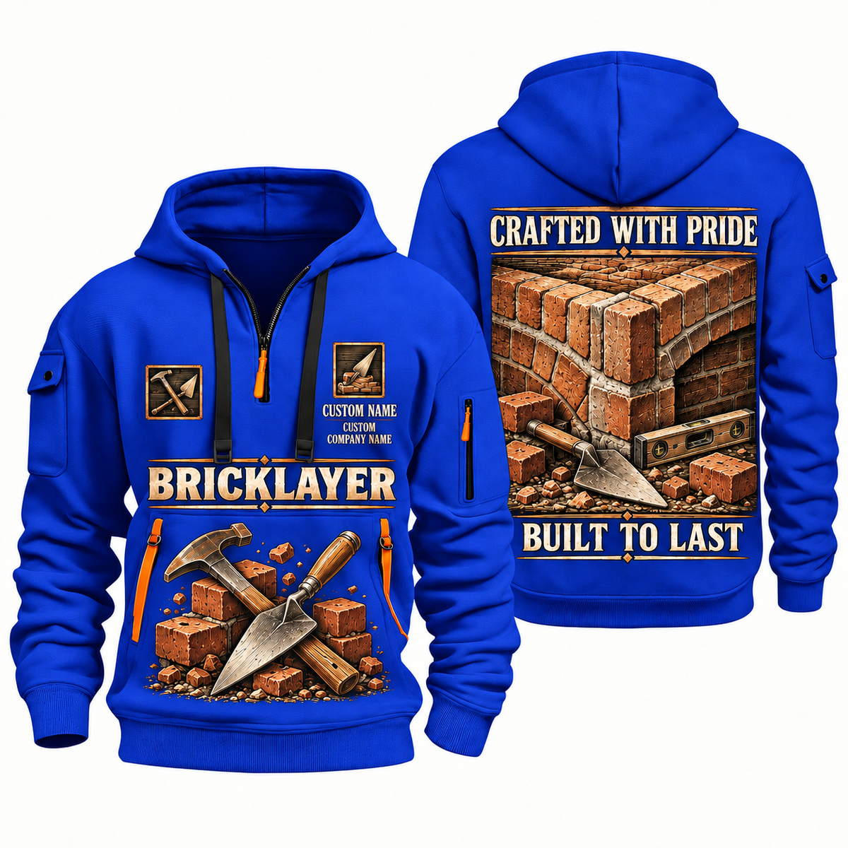 Bricklayer Built to Last Quarter Zip Hoodie Blue front and back