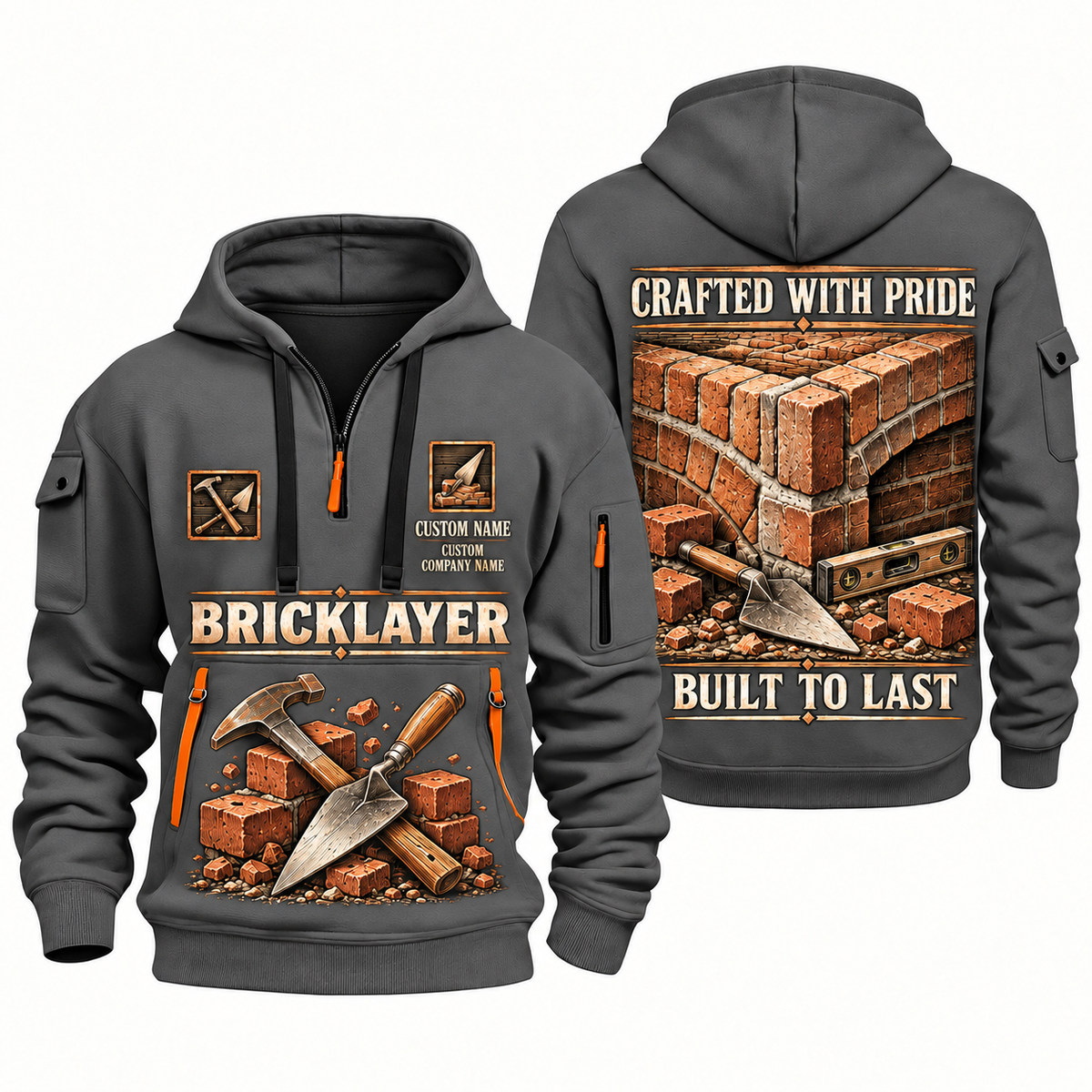 Bricklayer Built to Last Quarter Zip Hoodie Gray front and back