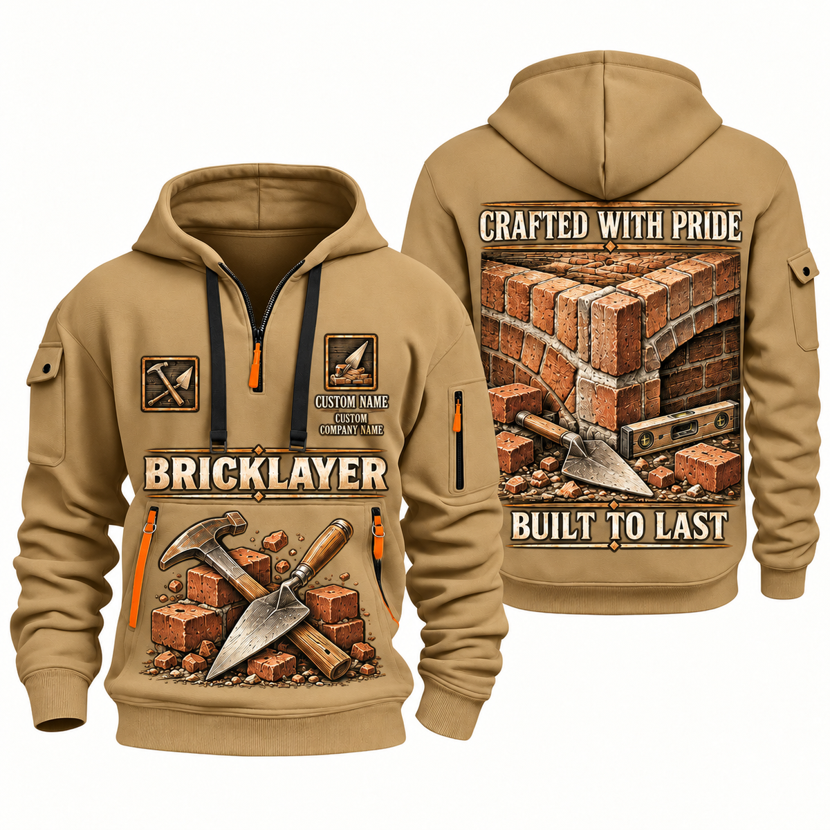 Bricklayer Built to Last Quarter Zip Hoodie Khaki front and back