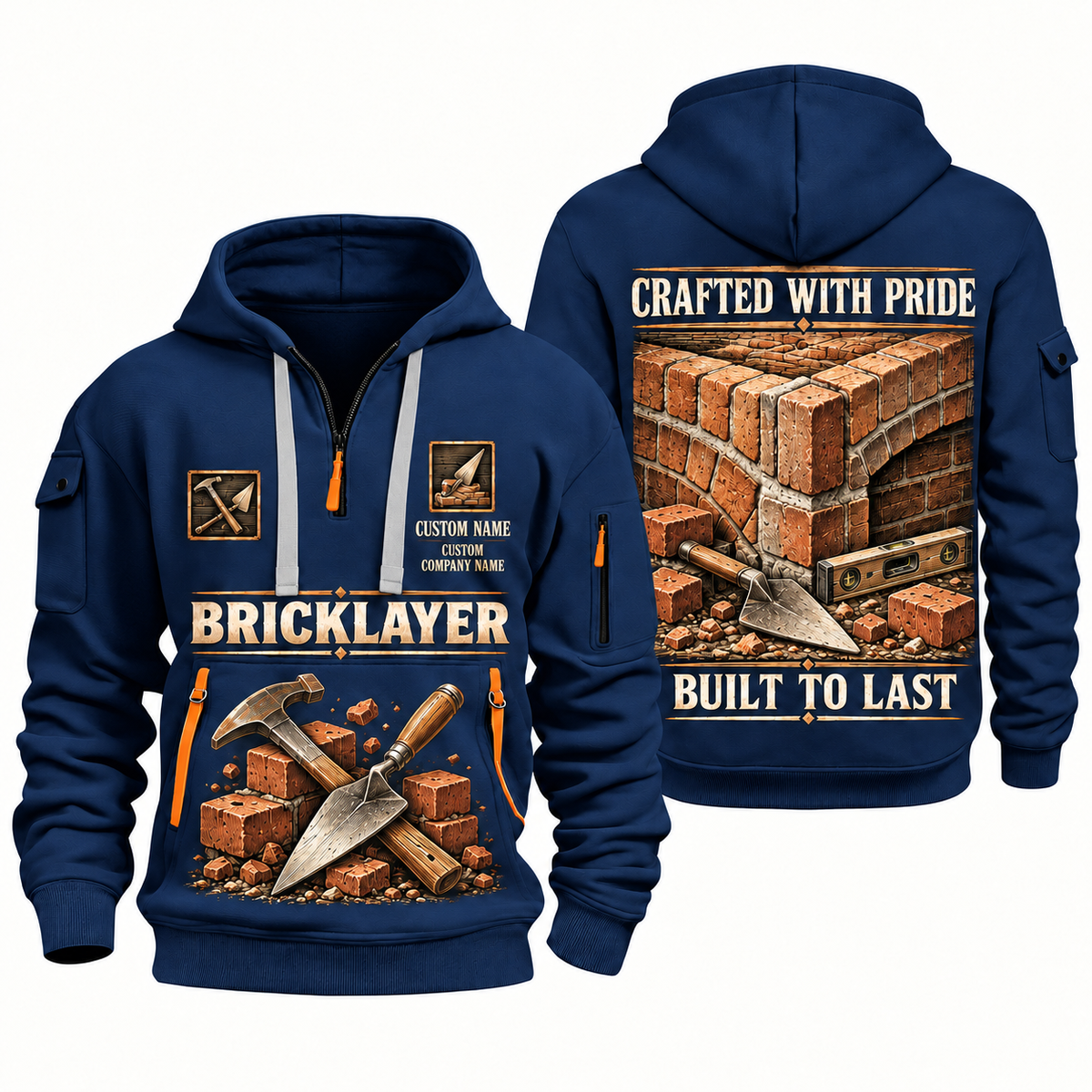 Bricklayer Built to Last Quarter Zip Hoodie Navy front and back