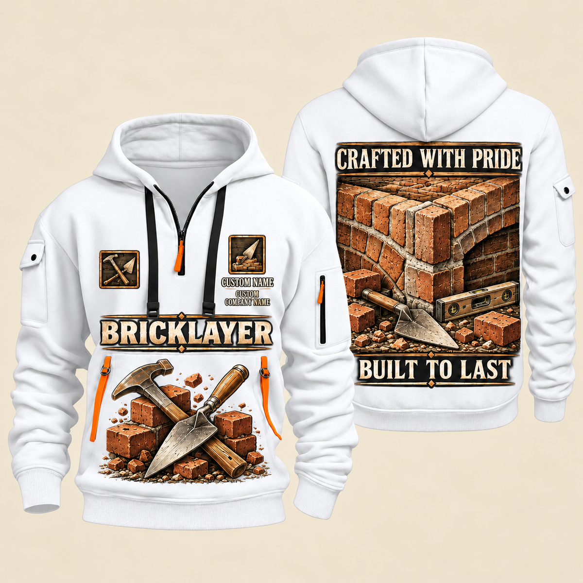 Bricklayer Built to Last Quarter Zip Hoodie White front and back
