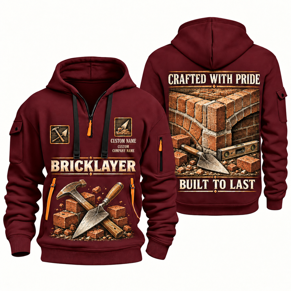 Bricklayer Built to Last Quarter Zip Hoodie Wine Red front and back