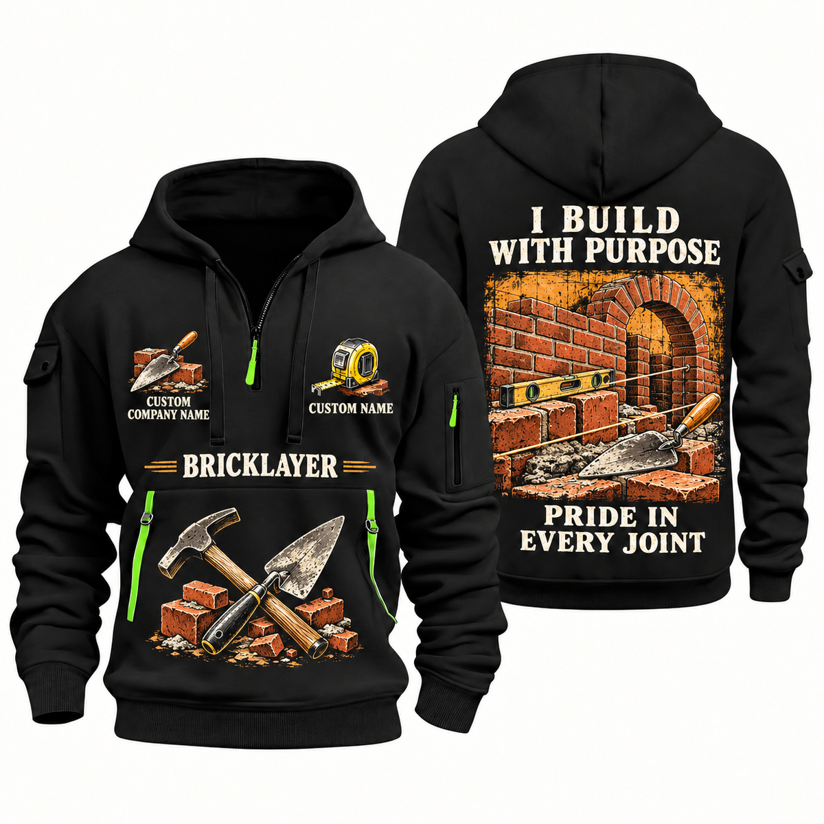 Bricklayer Work with Purpose Quarter Zip Hoodie Black front and back