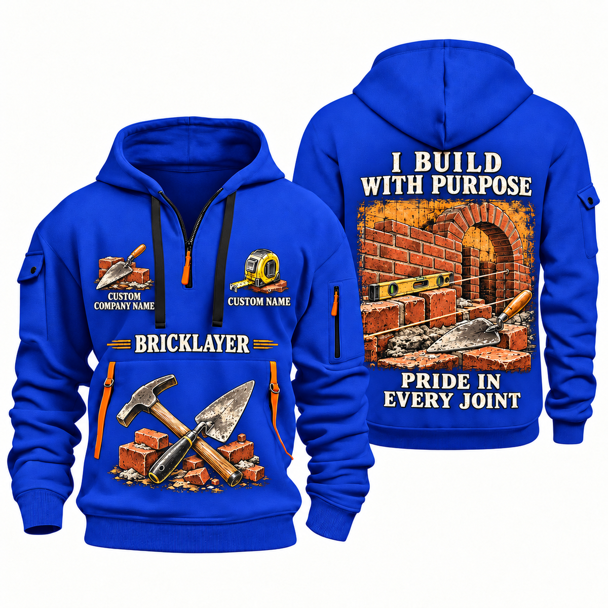 Bricklayer Work with Purpose Quarter Zip Hoodie Blue front and back