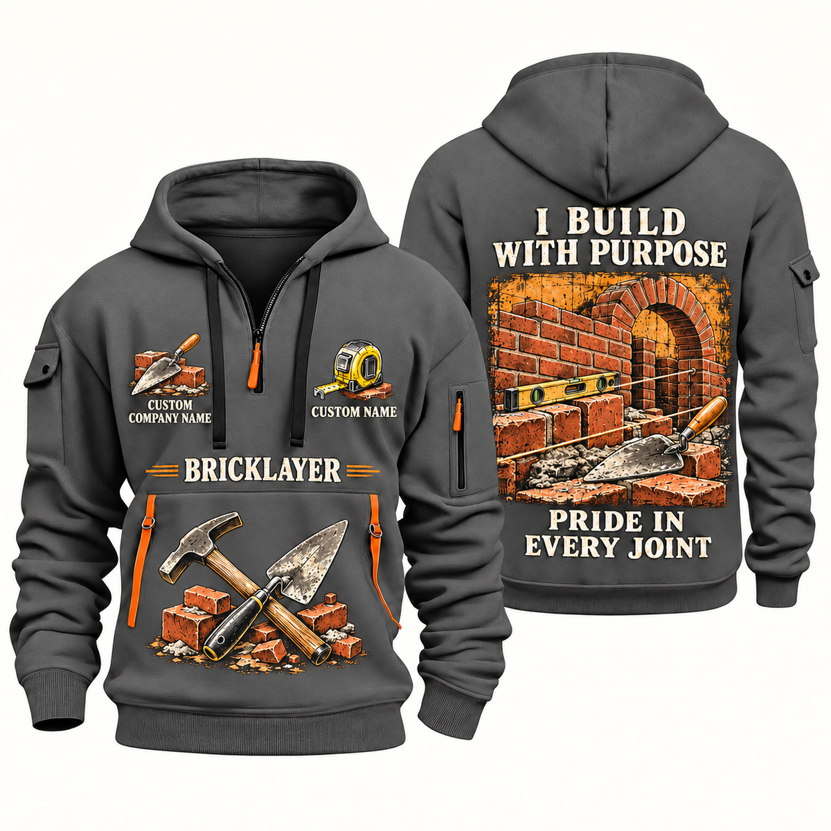 Bricklayer Work with Purpose Quarter Zip Hoodie Gray front and back