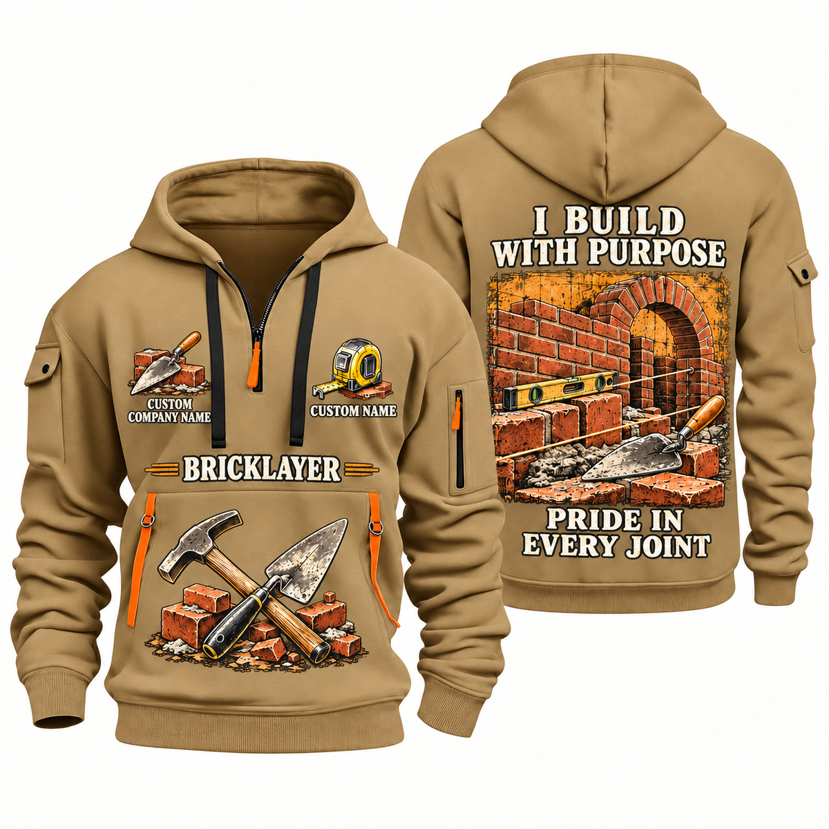 Bricklayer Work with Purpose Quarter Zip Hoodie Khaki front and back