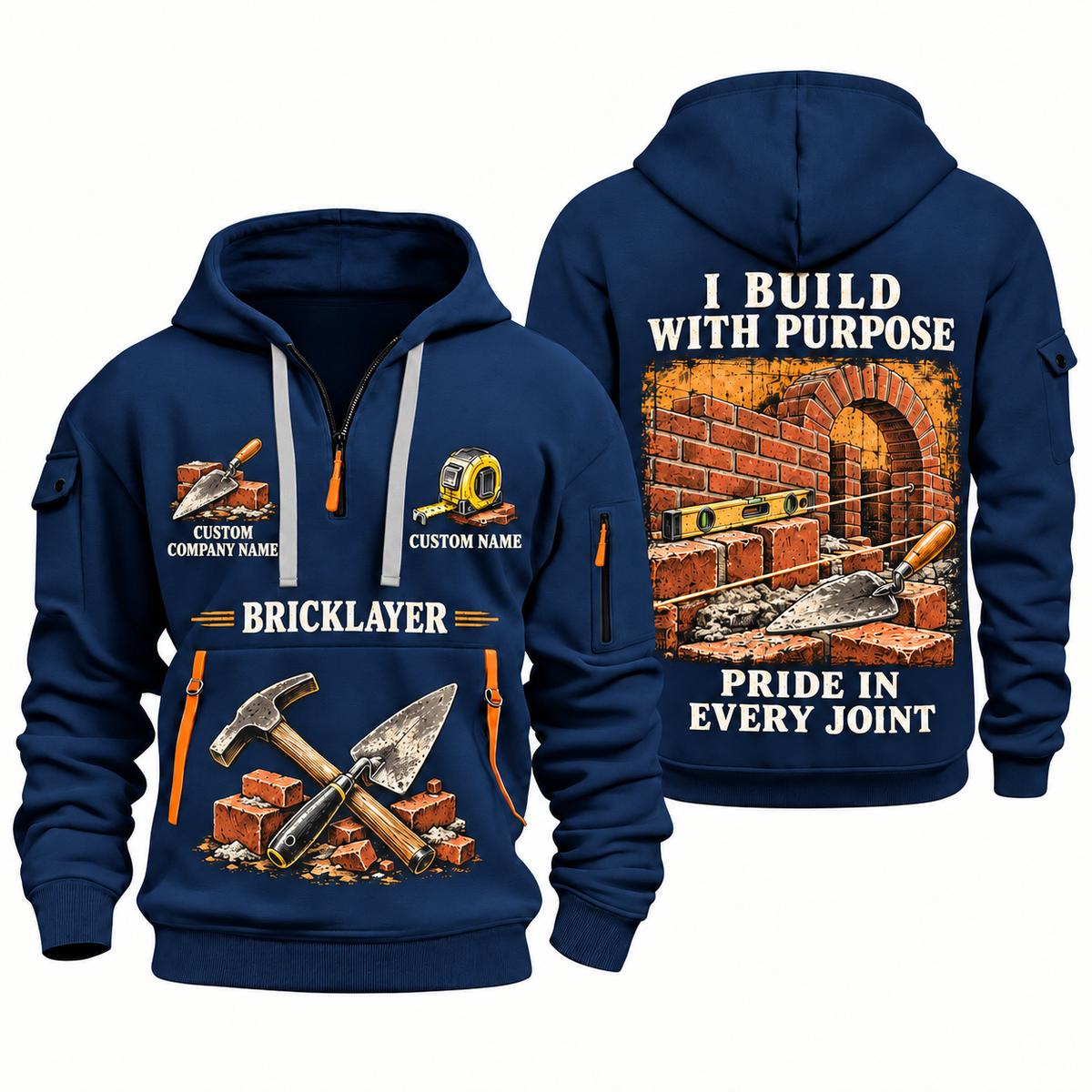 Bricklayer Work with Purpose Quarter Zip Hoodie Navy front and back