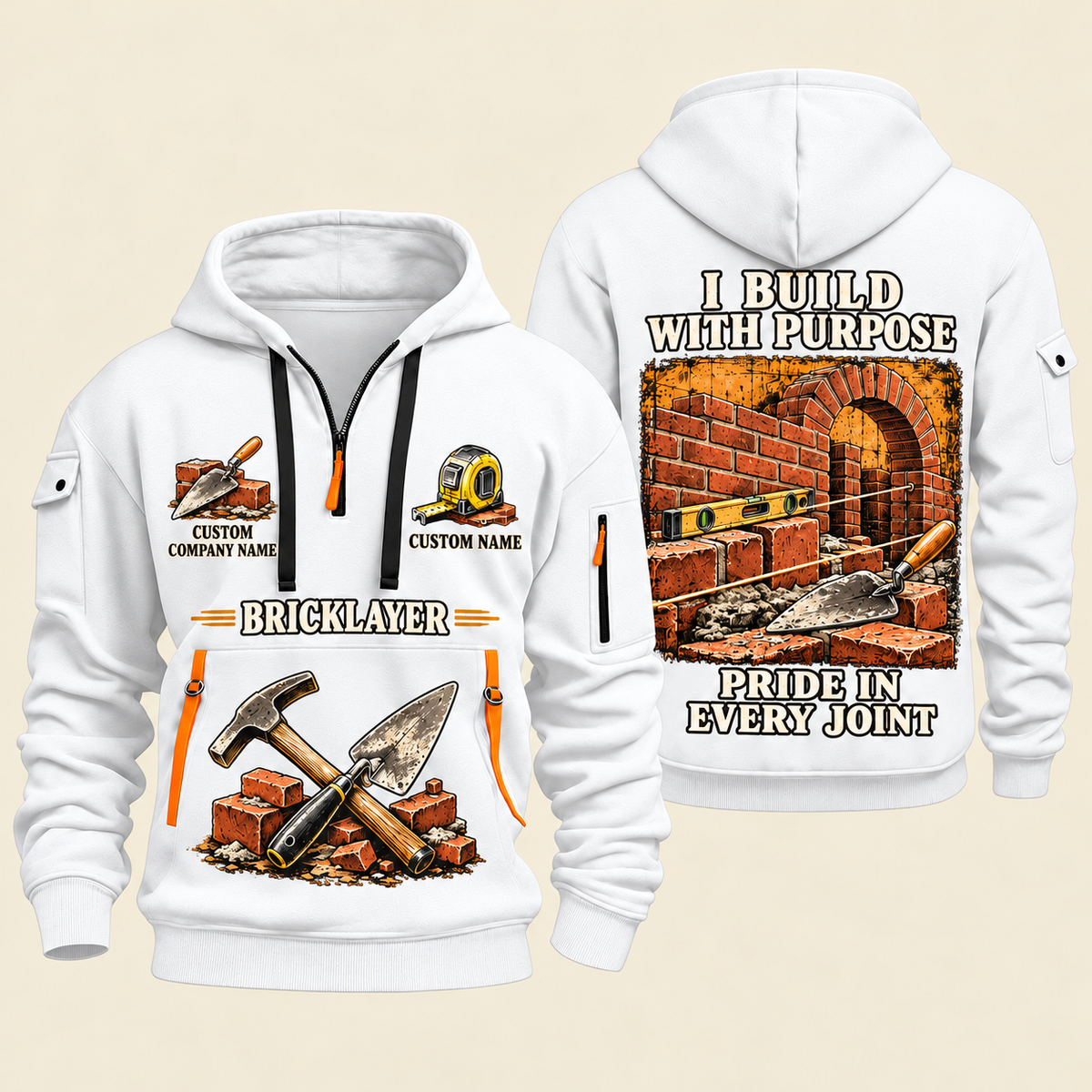 Bricklayer Work with Purpose Quarter Zip Hoodie White front and back