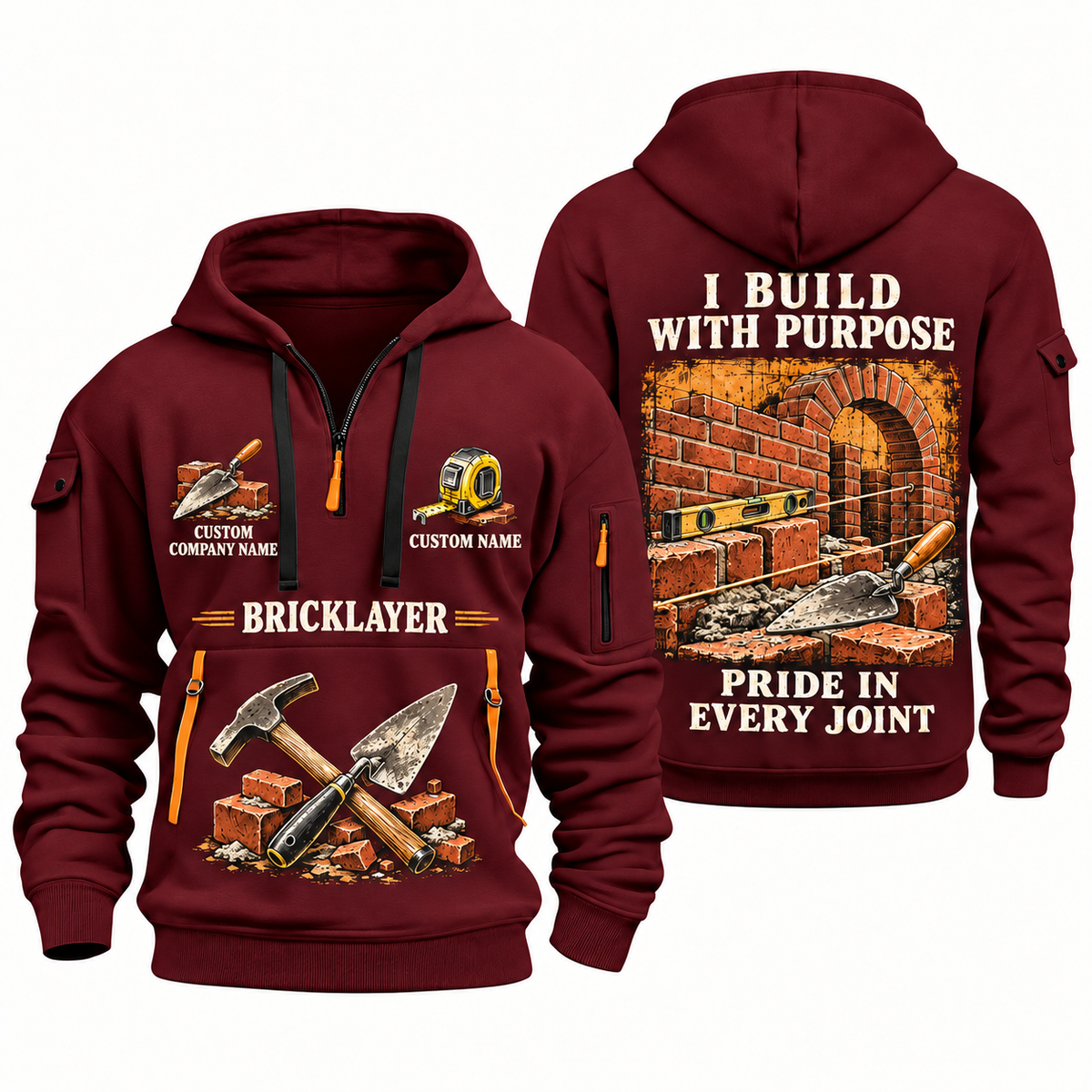 Bricklayer Work with Purpose Quarter Zip Hoodie Wine Red front and back