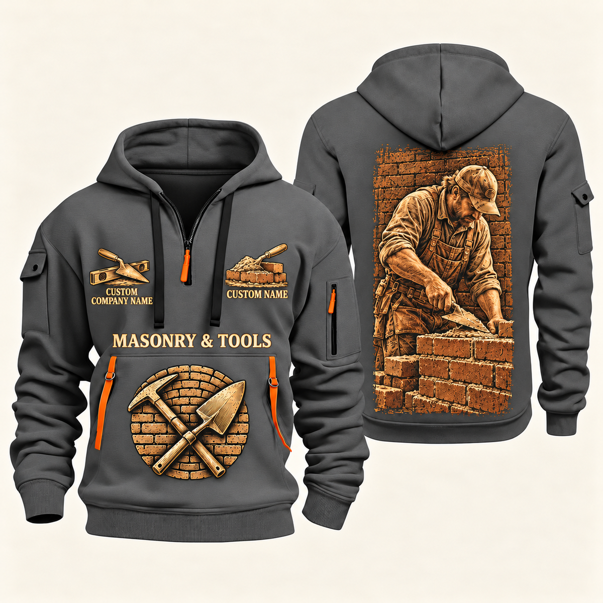 Bricklayer Golden Craft Quarter Zip Hoodie Gray front and back