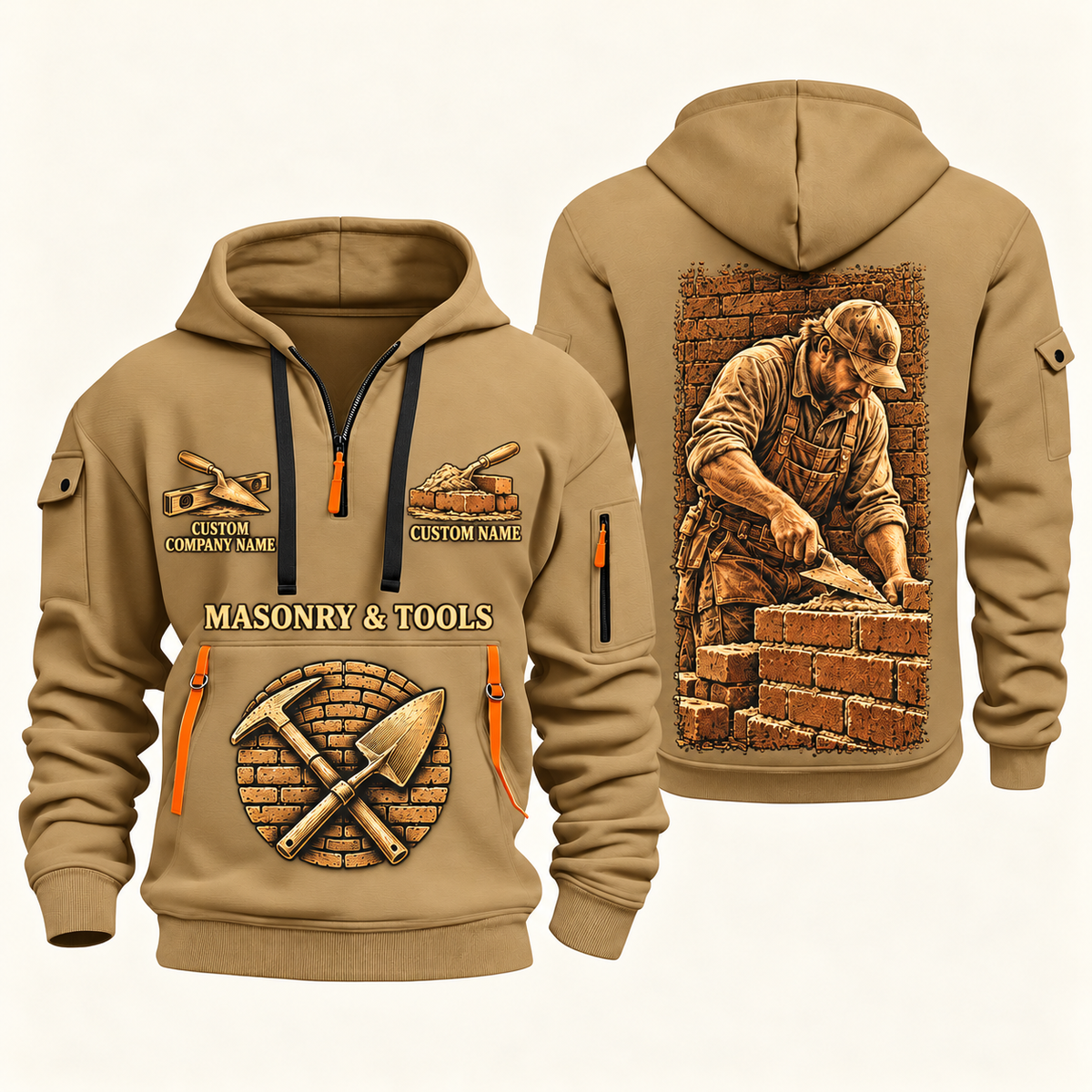 Bricklayer Golden Craft Quarter Zip Hoodie Khaki front and back