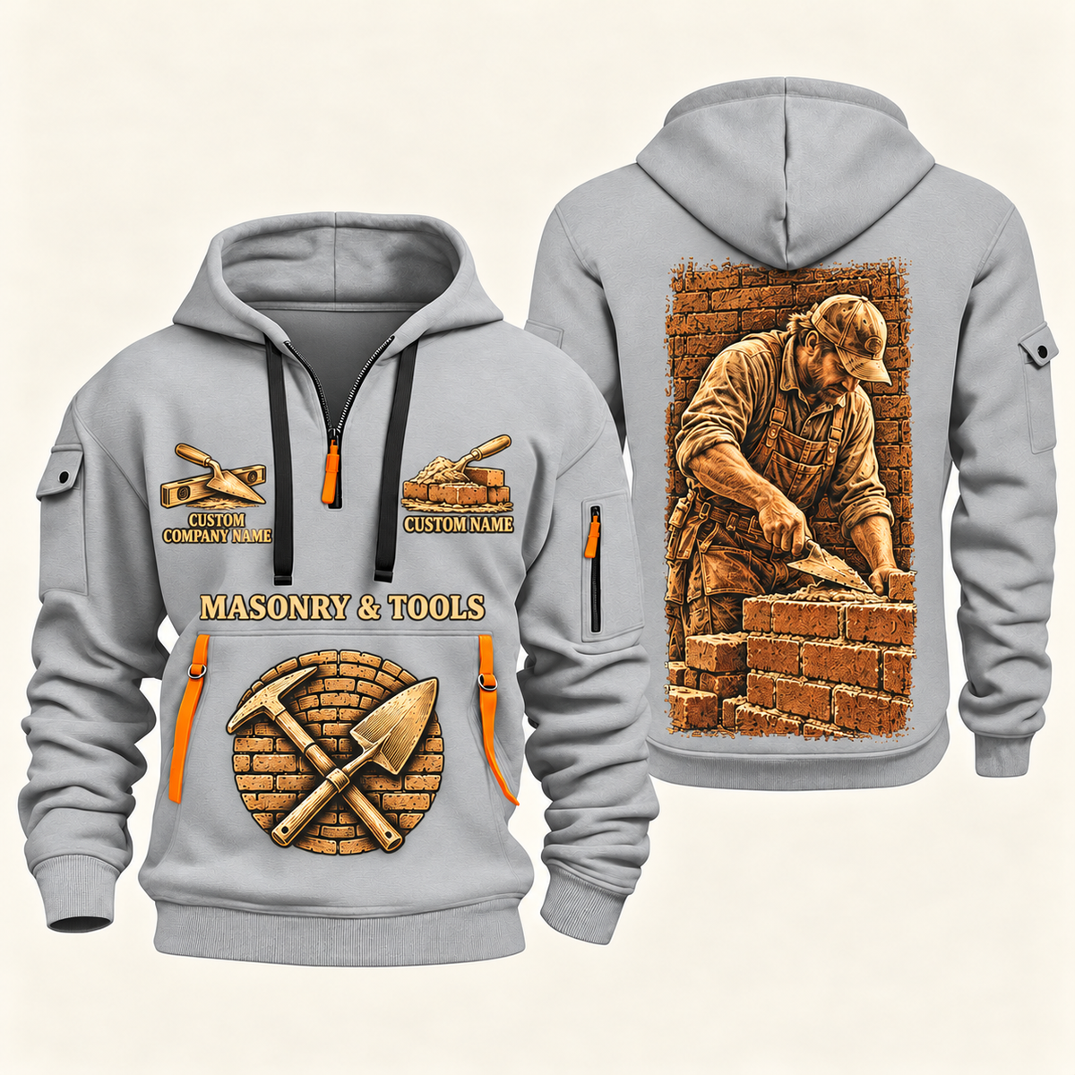 Bricklayer Golden Craft Quarter Zip Hoodie Light Grey front and back