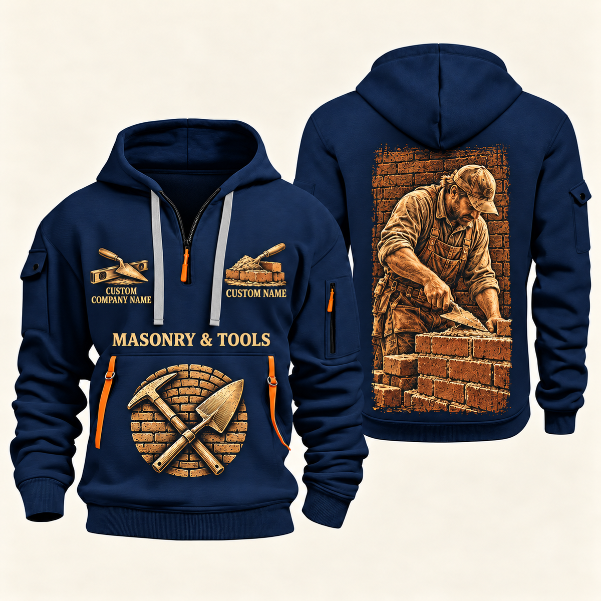 Bricklayer Golden Craft Quarter Zip Hoodie Navy front and back