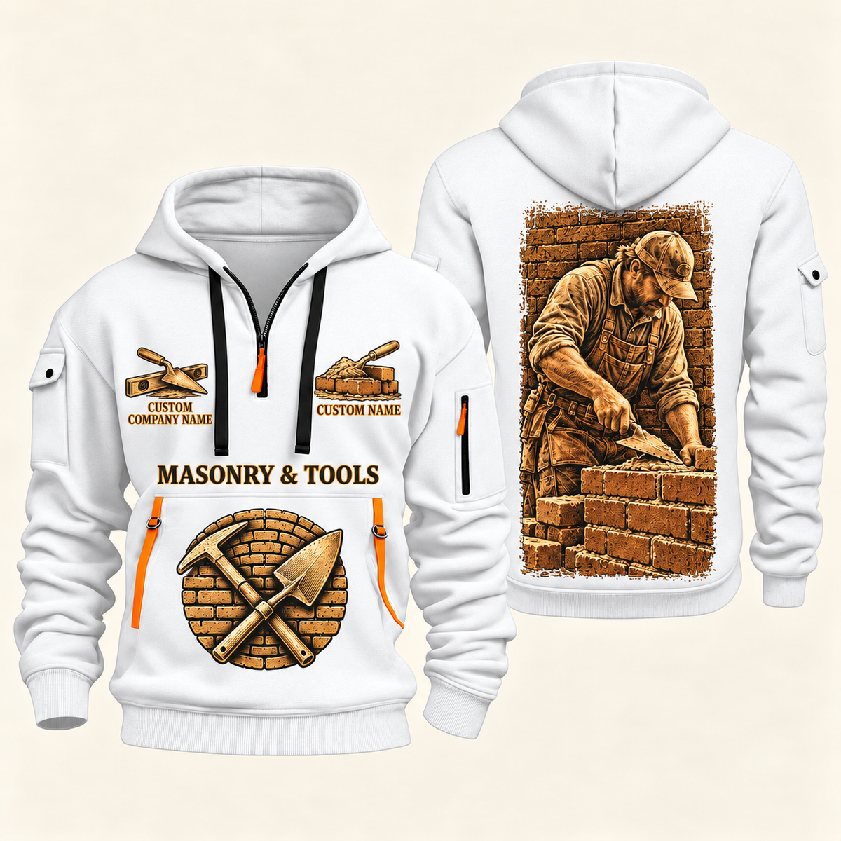 Bricklayer Golden Craft Quarter Zip Hoodie White front and back