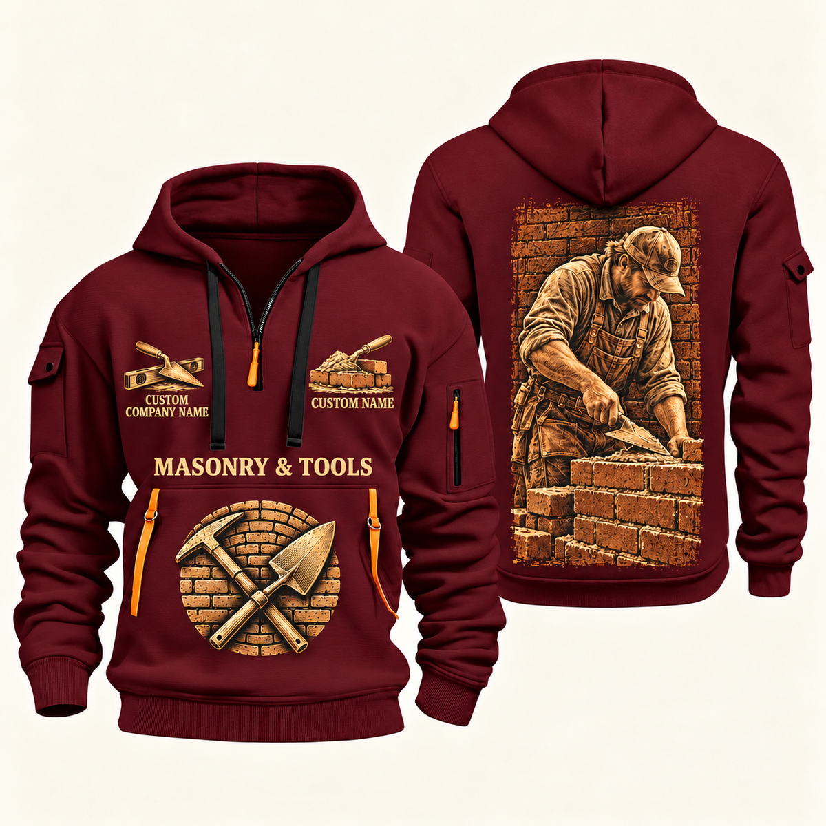 Bricklayer Golden Craft Quarter Zip Hoodie Wine Red front and back