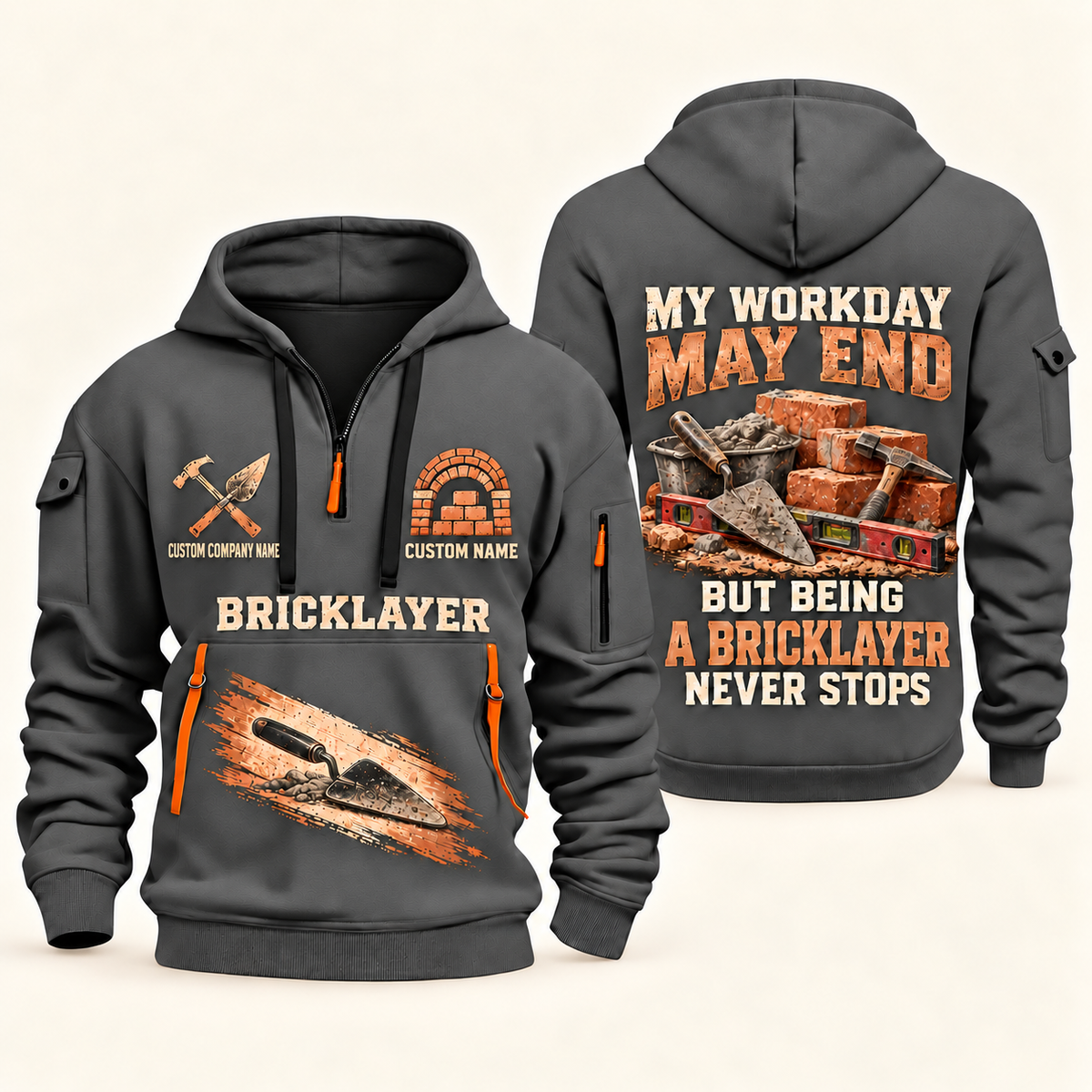 Bricklayer Never Stops Quarter Zip Hoodie Gray front and back