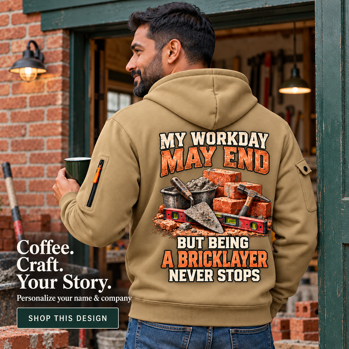 Bricklayer Never Stops Quarter Zip Hoodie Khaki listing hero