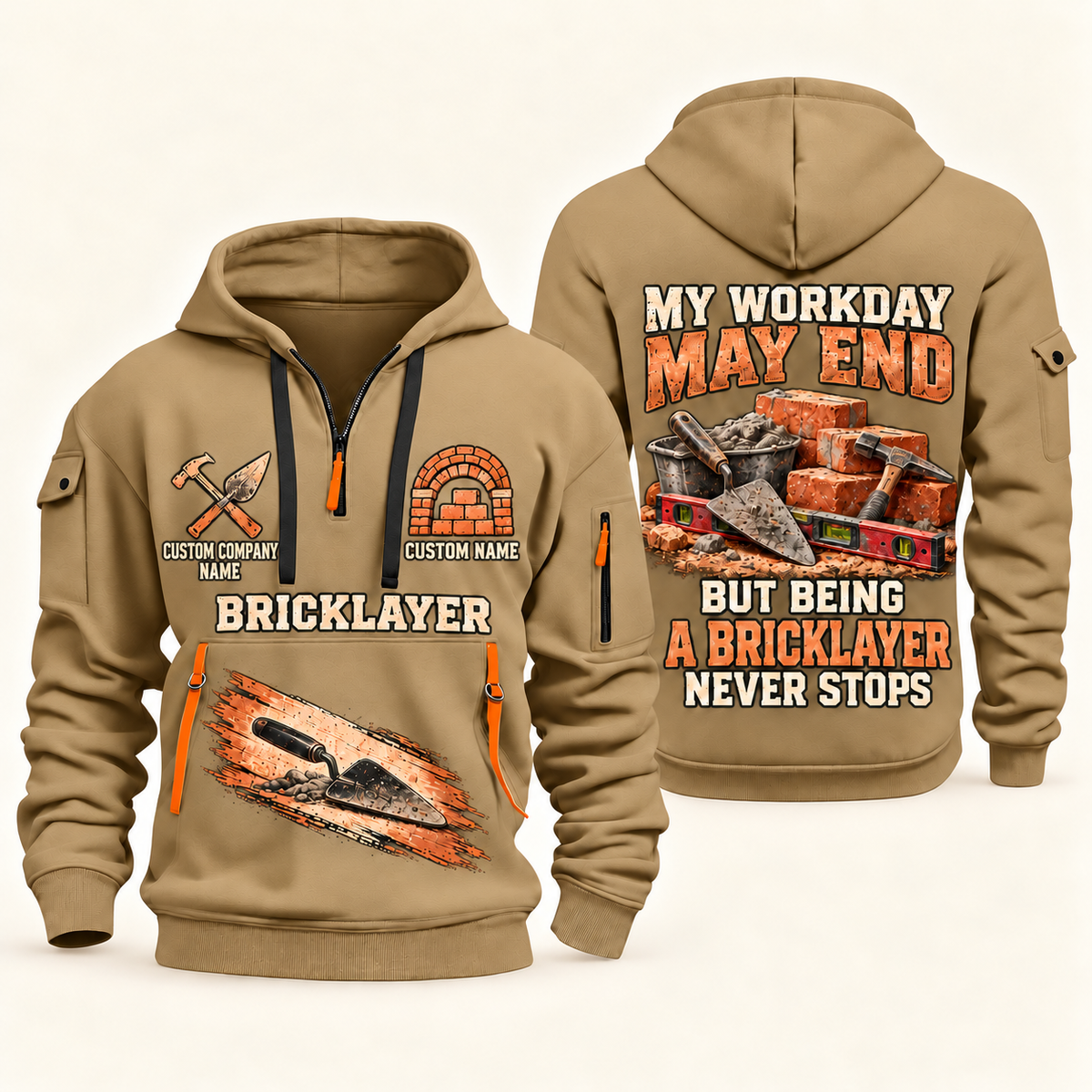 Bricklayer Never Stops Quarter Zip Hoodie Khaki front and back