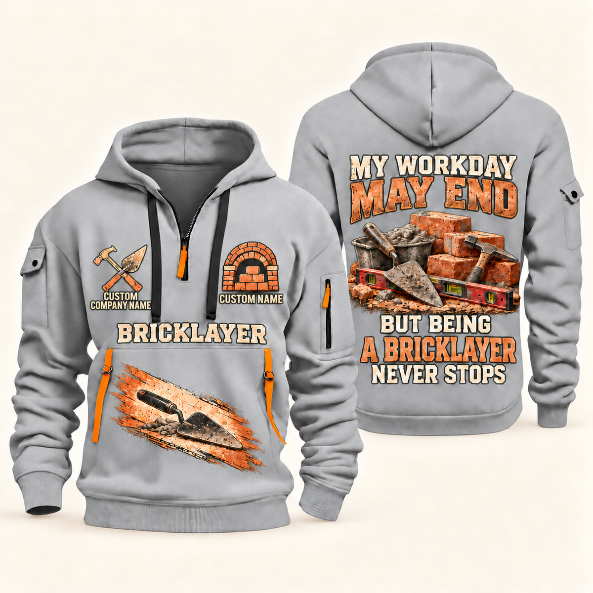 Bricklayer Never Stops Quarter Zip Hoodie Light Grey front and back