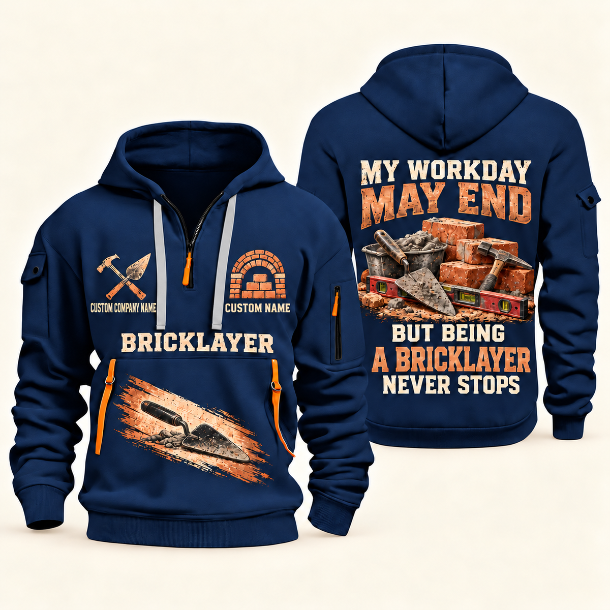 Bricklayer Never Stops Quarter Zip Hoodie Navy front and back
