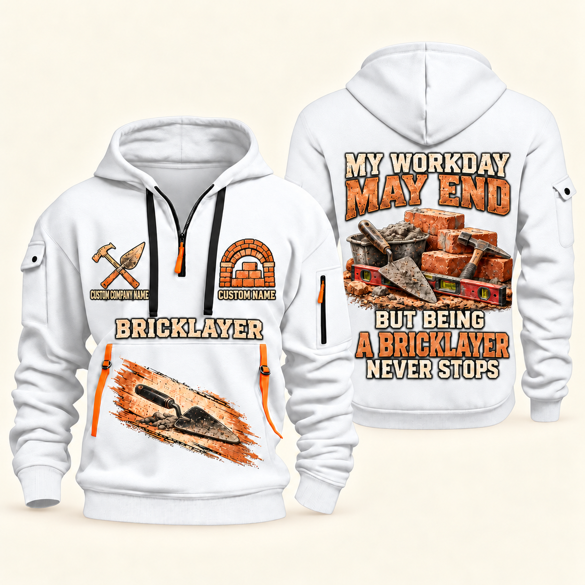 Bricklayer Never Stops Quarter Zip Hoodie White front and back