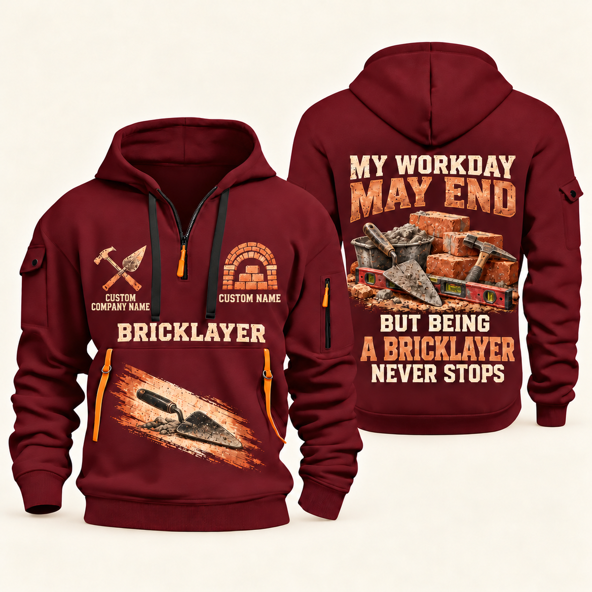 Bricklayer Never Stops Quarter Zip Hoodie Wine Red front and back