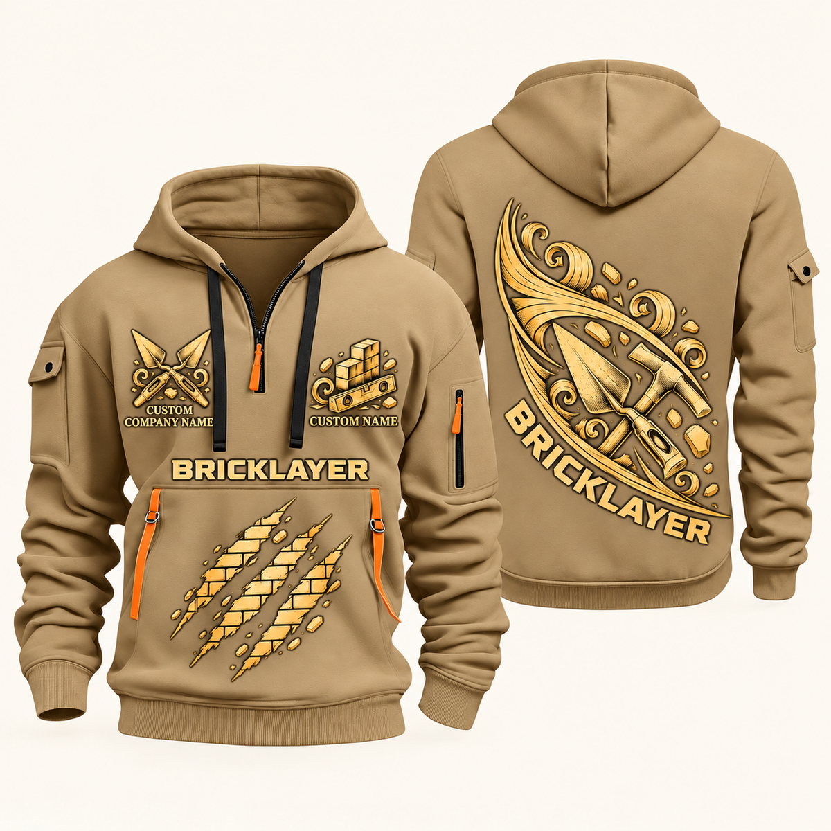 Bricklayer Craft in Motion Quarter Zip Hoodie Khaki front and back
