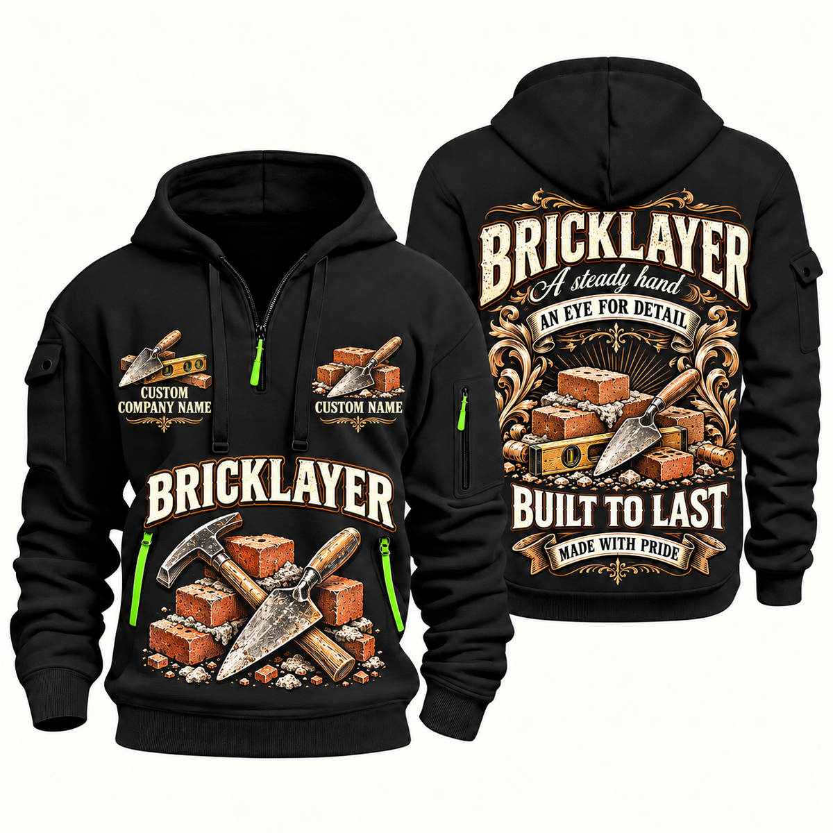 Bricklayer Steady Hands Quarter Zip Hoodie Black front and back