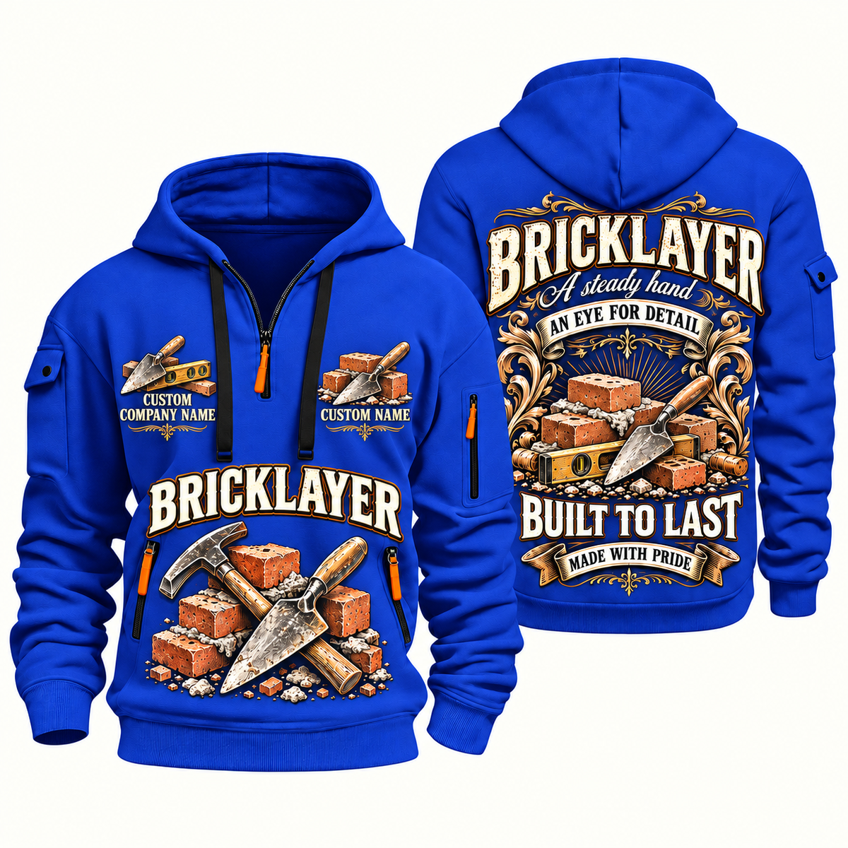 Bricklayer Steady Hands Quarter Zip Hoodie Blue front and back