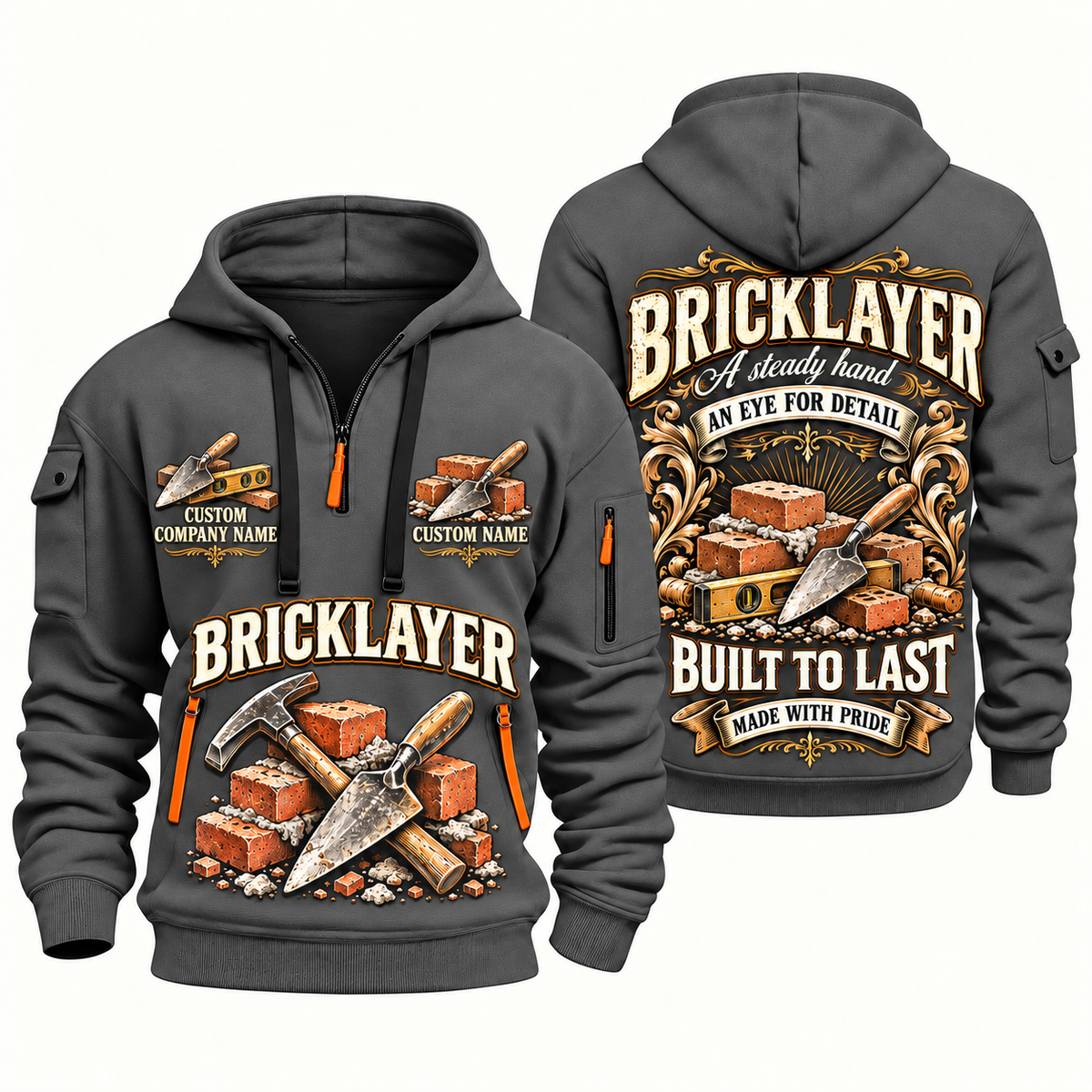 Bricklayer Steady Hands Quarter Zip Hoodie Gray front and back