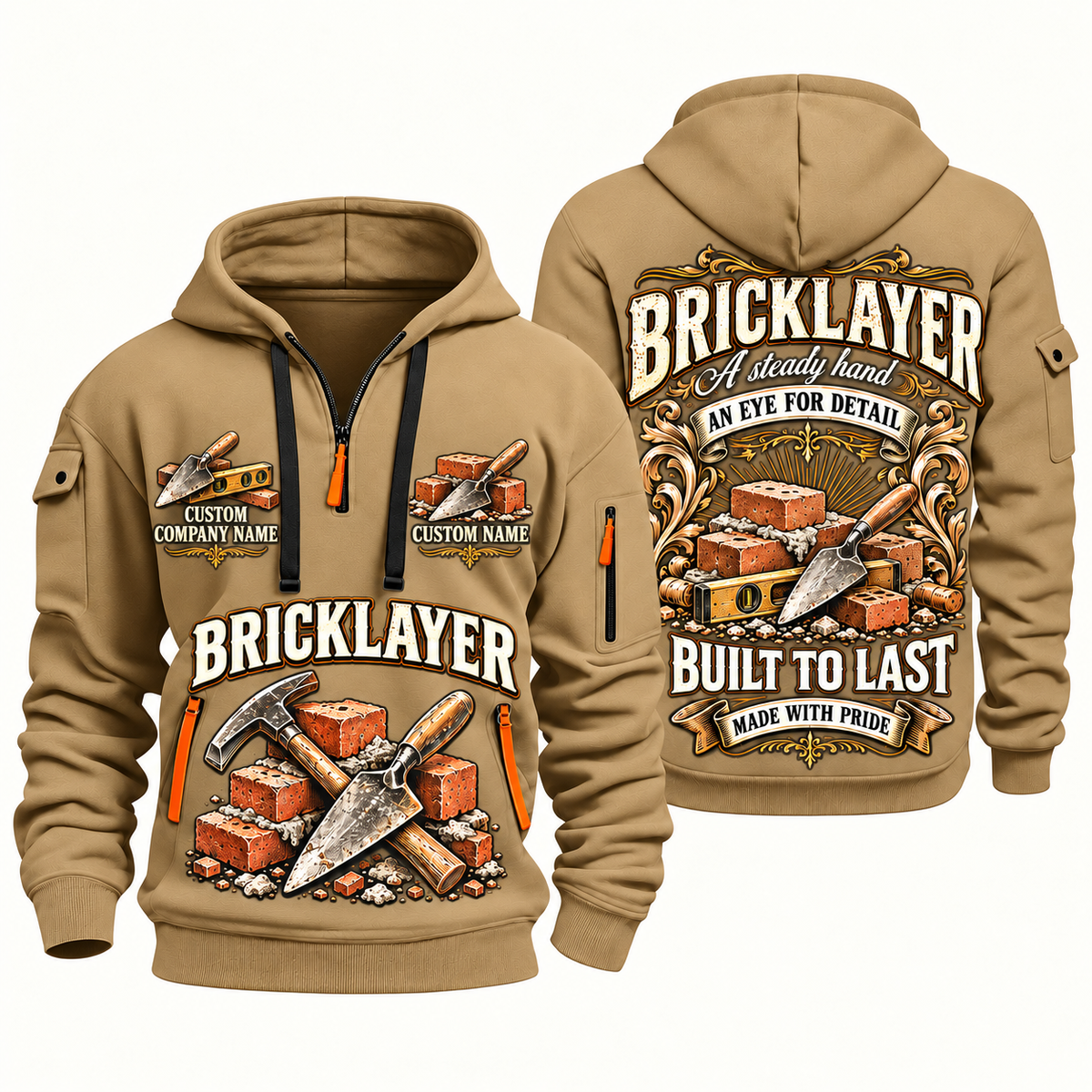 Bricklayer Steady Hands Quarter Zip Hoodie Khaki front and back