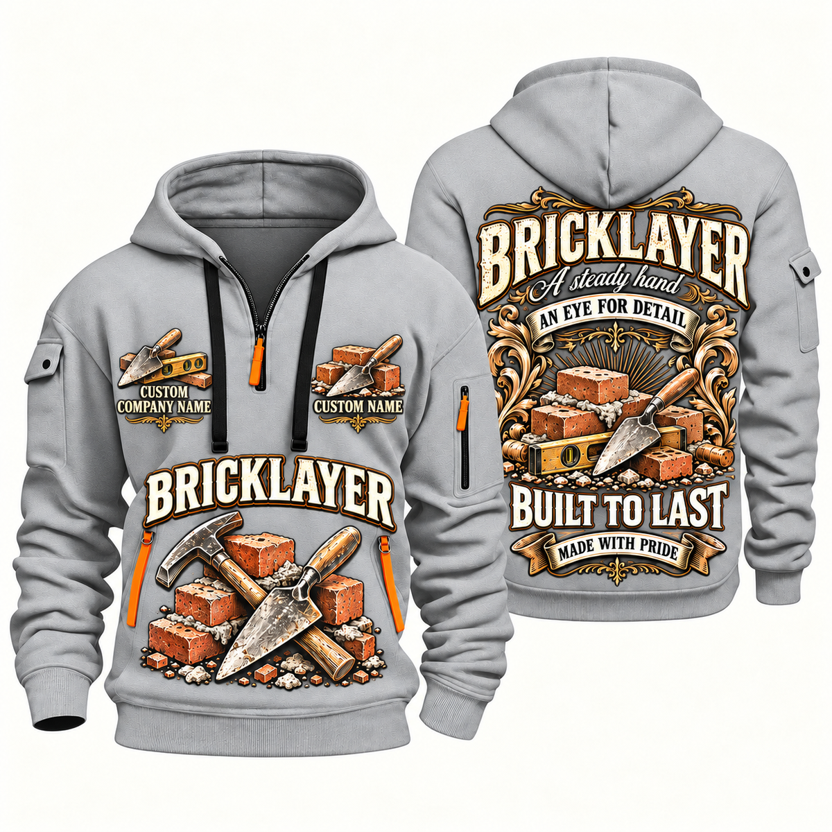Bricklayer Steady Hands Quarter Zip Hoodie Light Grey front and back