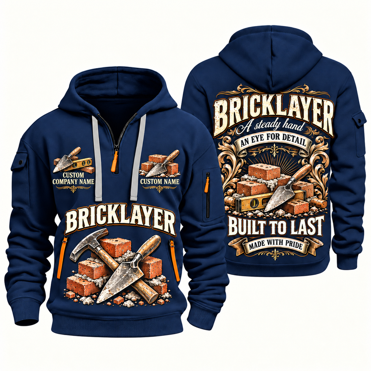 Bricklayer Steady Hands Quarter Zip Hoodie Navy front and back