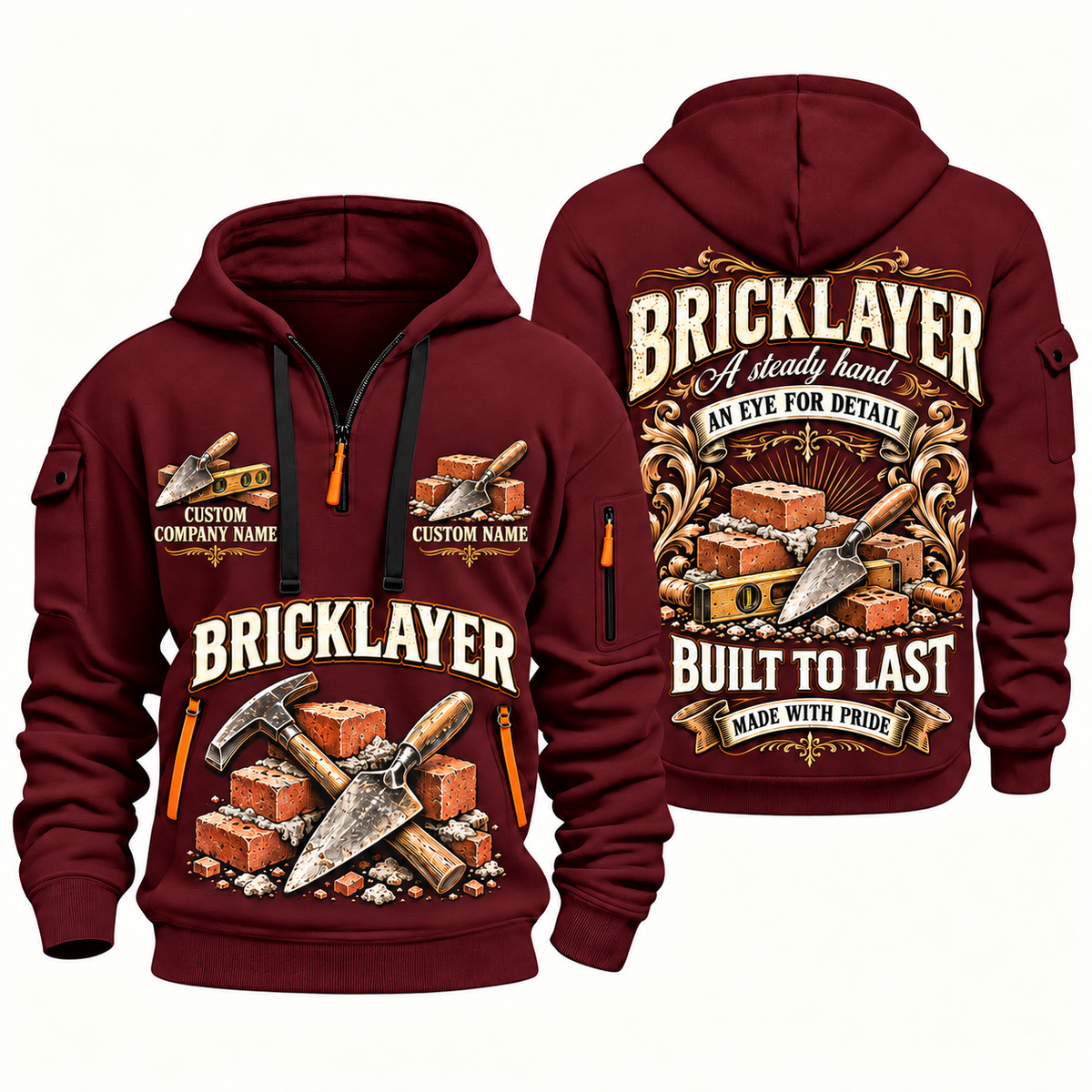 Bricklayer Steady Hands Quarter Zip Hoodie Wine Red front and back
