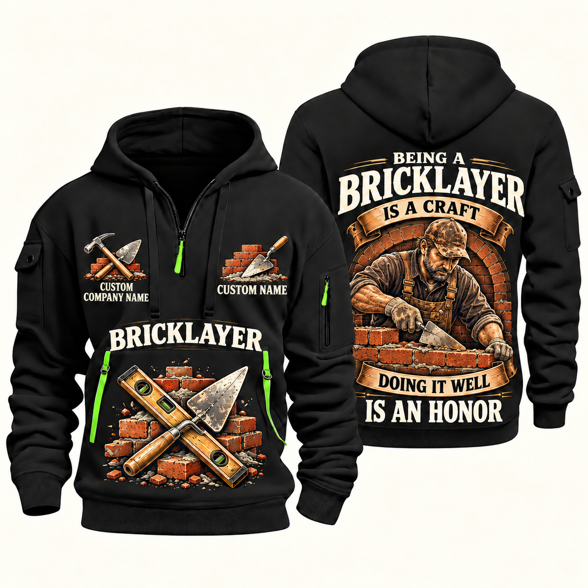 Bricklayer Craft and Honor Quarter Zip Hoodie Black front and back
