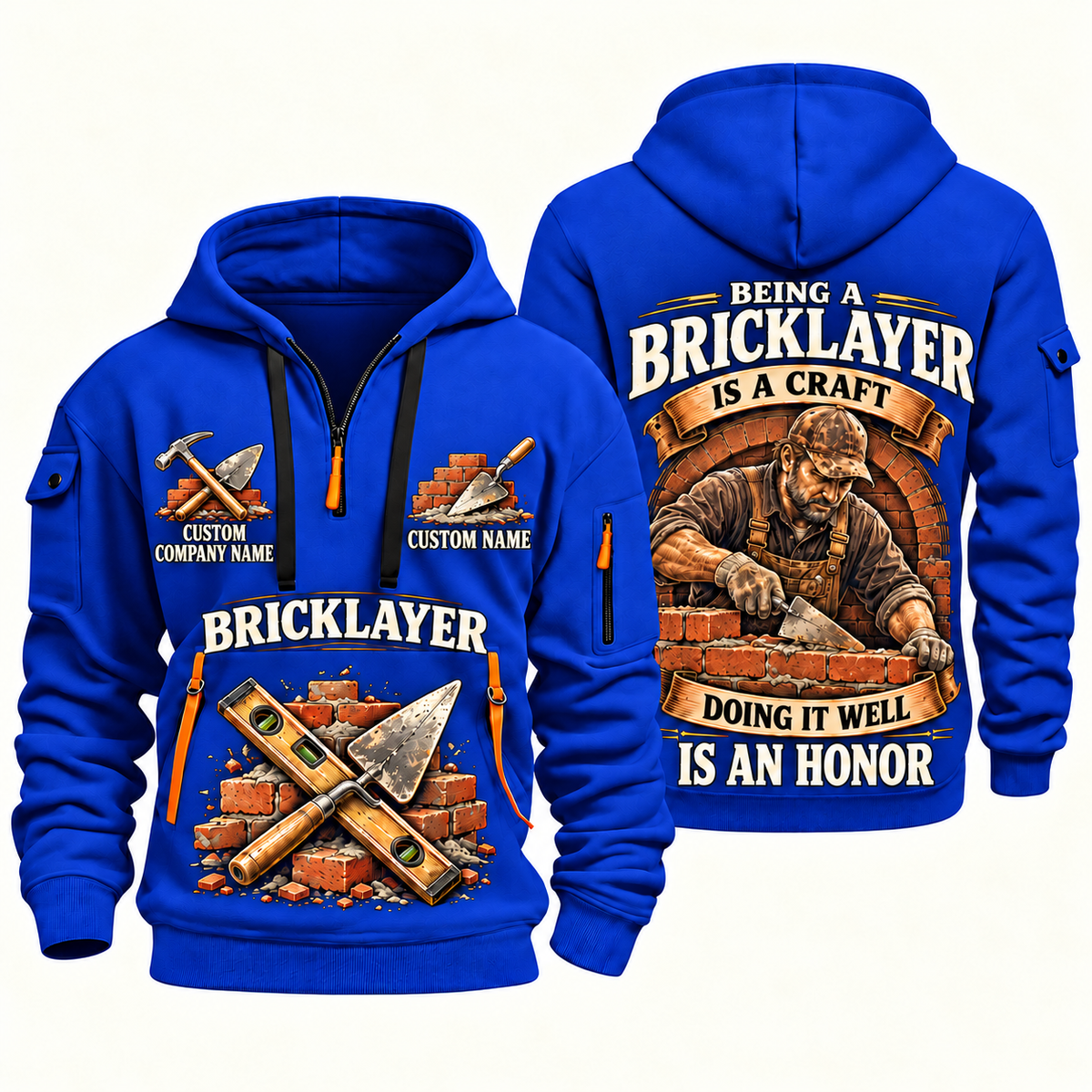Bricklayer Craft and Honor Quarter Zip Hoodie Blue front and back