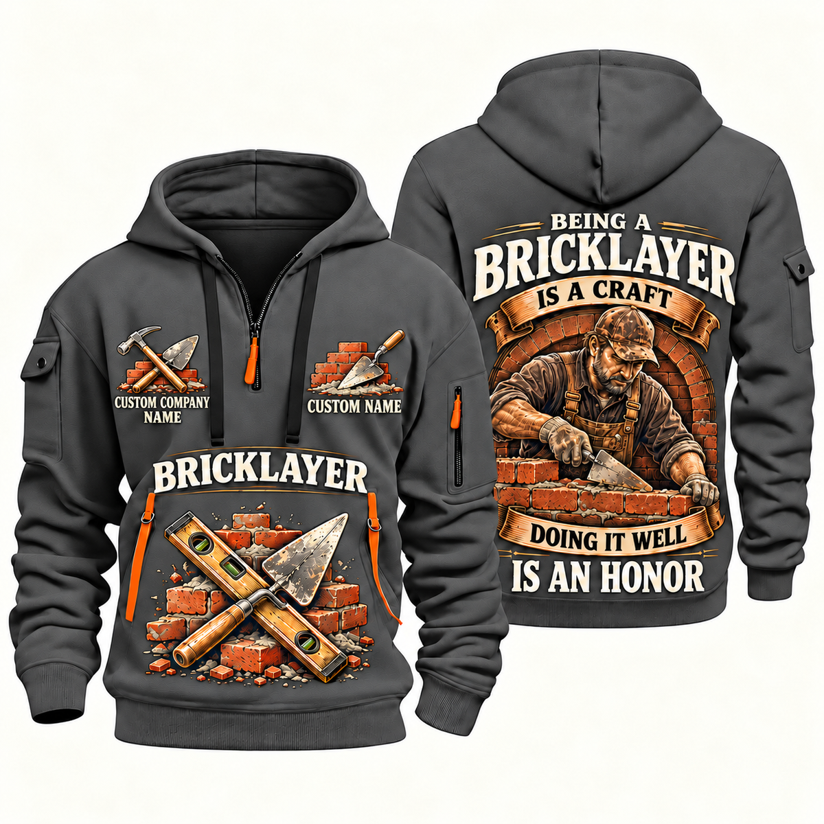 Bricklayer Craft and Honor Quarter Zip Hoodie Gray front and back