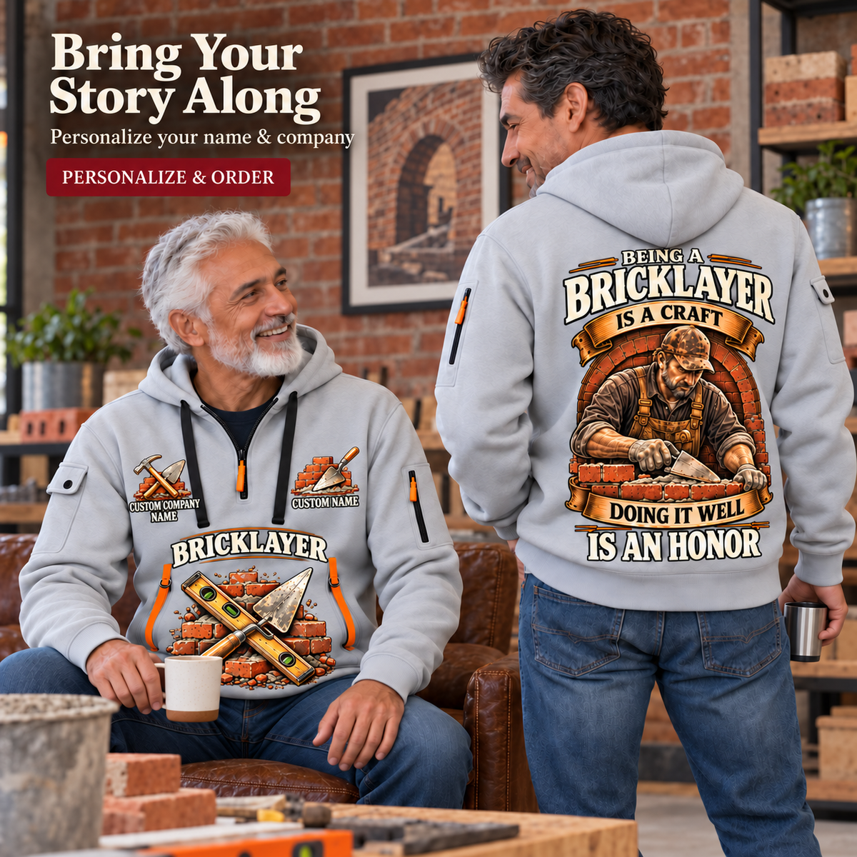 Bricklayer Craft and Honor Quarter Zip Hoodie Light Grey listing hero