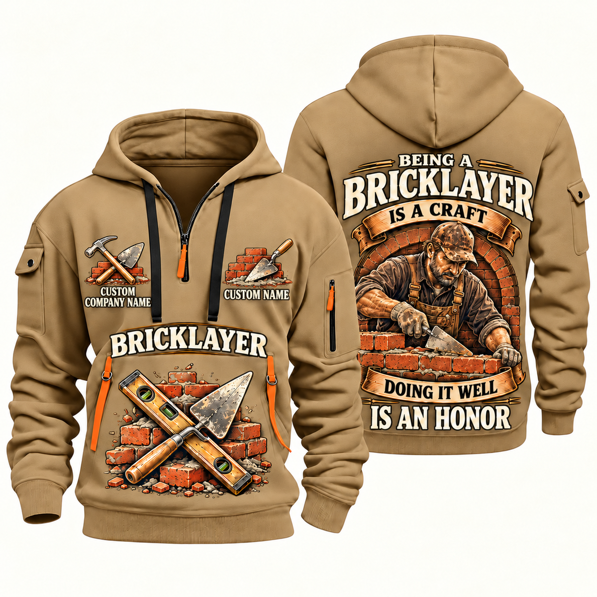 Bricklayer Craft and Honor Quarter Zip Hoodie Khaki front and back
