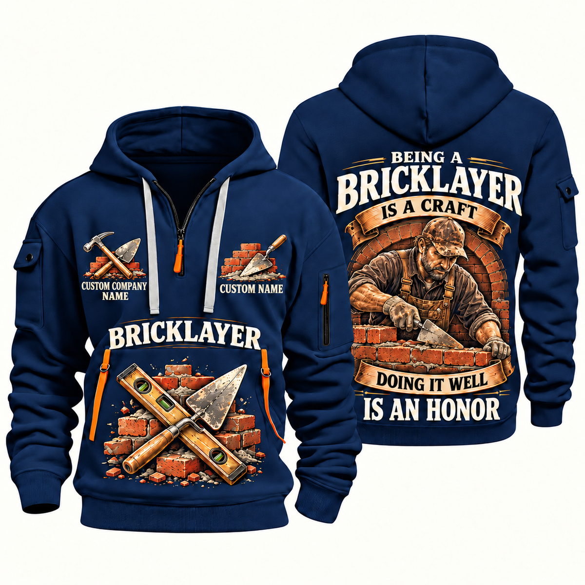 Bricklayer Craft and Honor Quarter Zip Hoodie Navy front and back