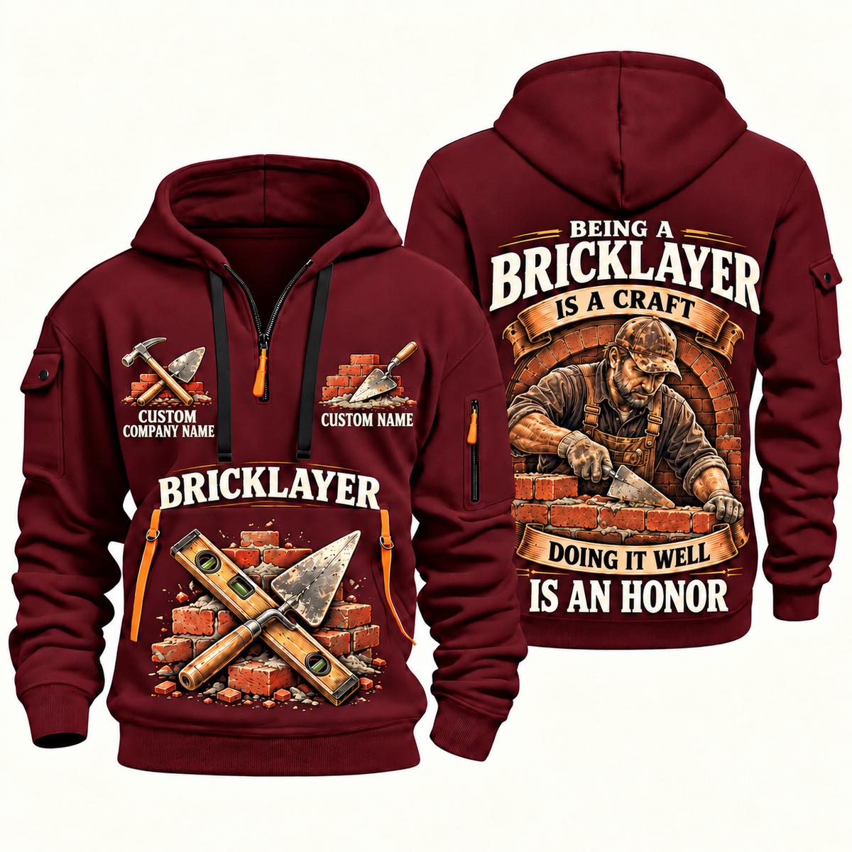 Bricklayer Craft and Honor Quarter Zip Hoodie Wine Red front and back