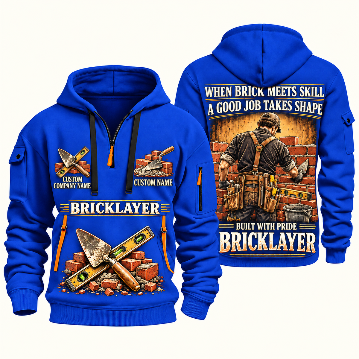 Bricklayer Built with Pride Quarter Zip Hoodie Blue front and back