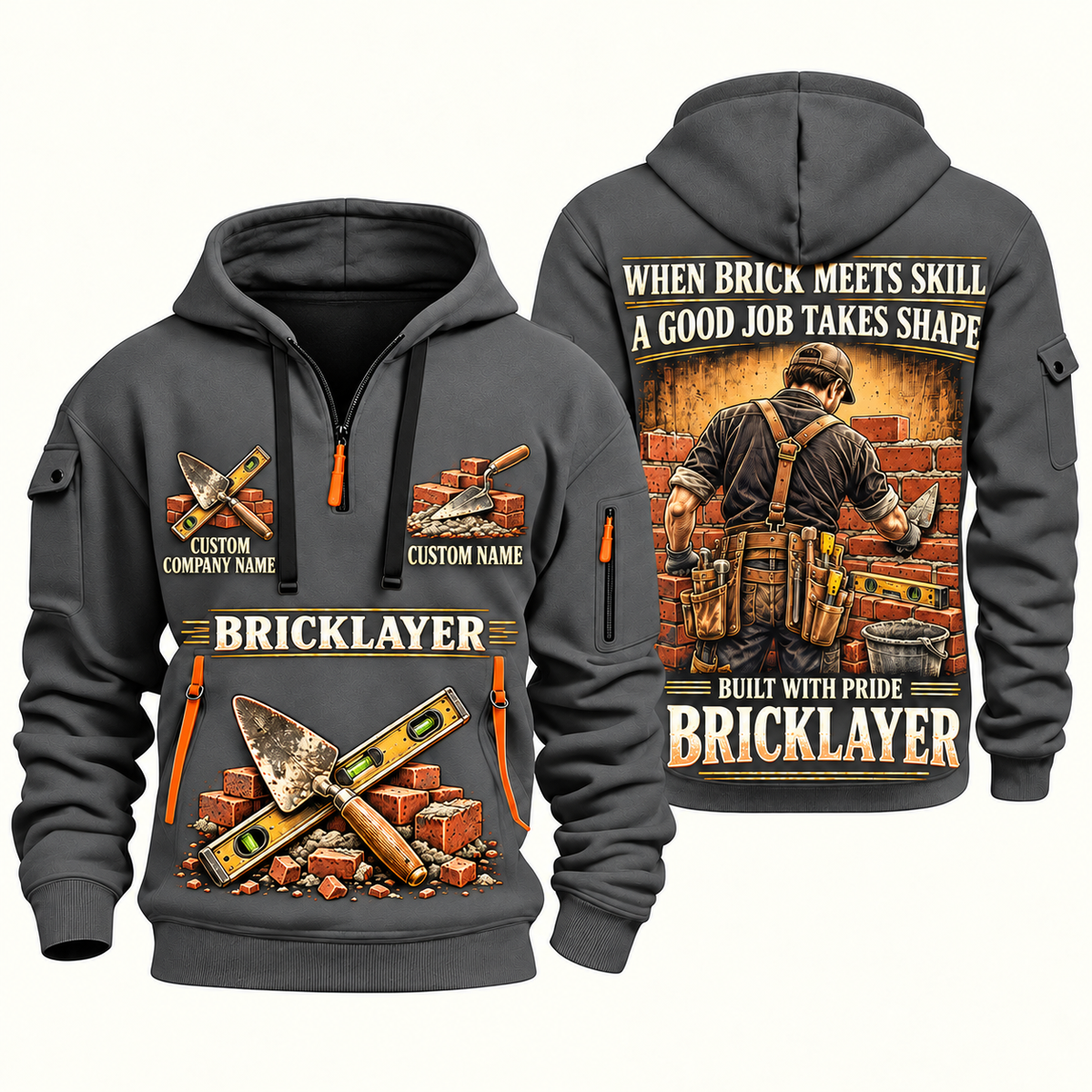 Bricklayer Built with Pride Quarter Zip Hoodie Gray front and back