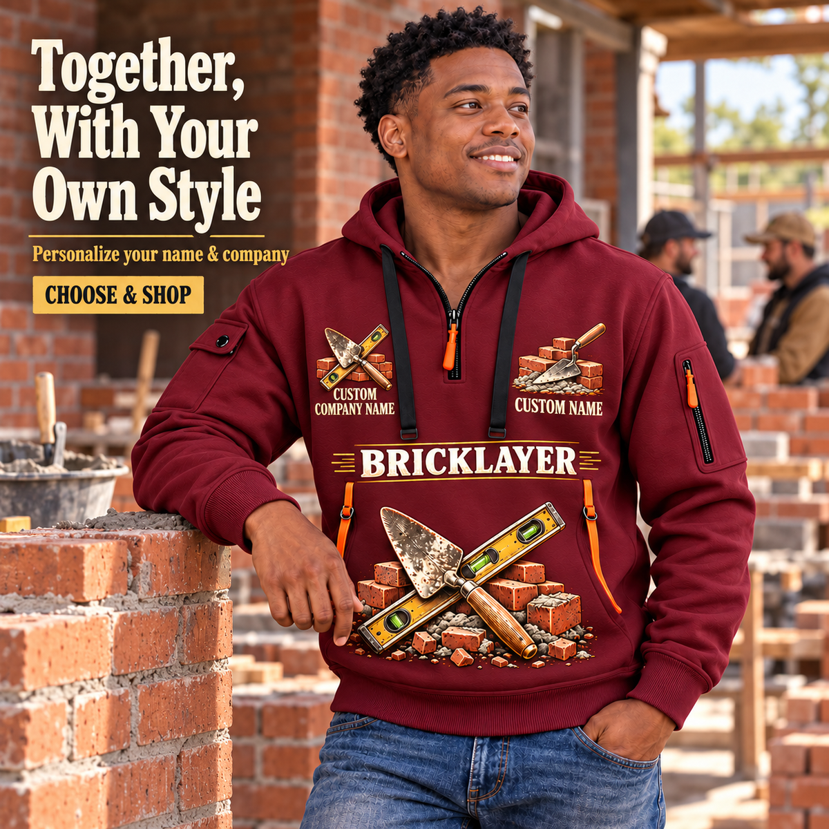 Bricklayer Built with Pride Quarter Zip Hoodie Wine Red listing hero